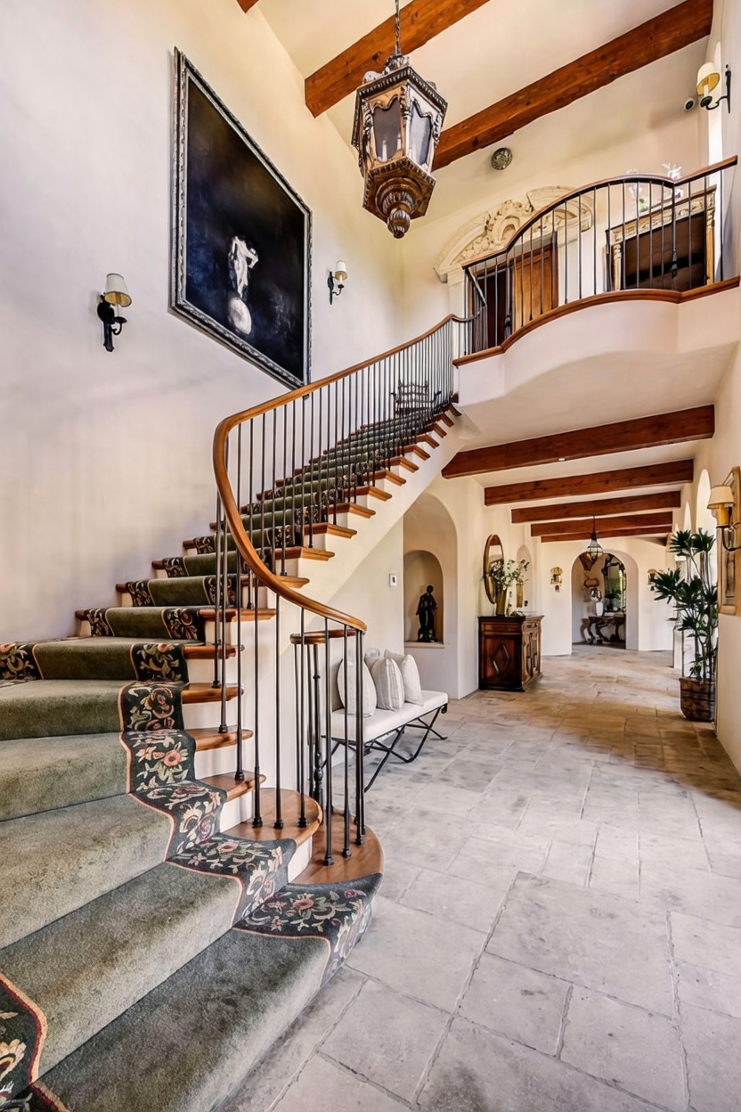 This grand foyer features a sweeping staircase with a decorative runner and wrought-iron railing, leading up to a curved landing. The space is characterized by high ceilings with exposed wooden beams, a large ornate chandelier, and stone flooring that extends into the hallway. A large framed artwork hangs on the wall, and a bench sits tucked beneath the stairs, creating an elegant and welcoming entrance.