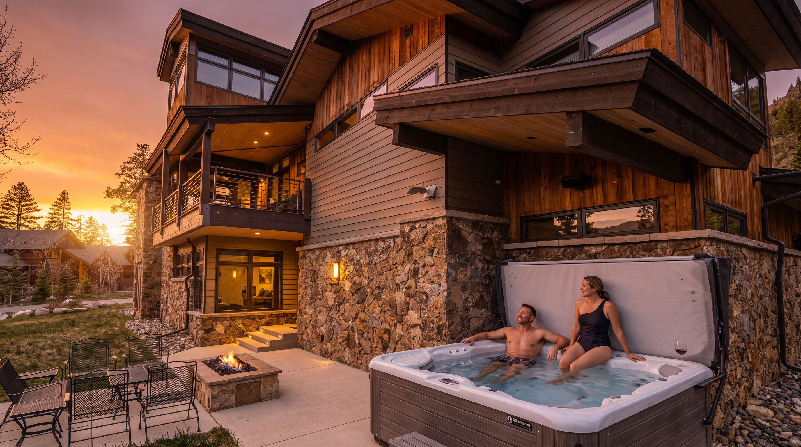 This rear view of a modern mountain home showcases a multi-level architectural design with a blend of natural stone, horizontal siding, and warm wood accents. The outdoor living space features a concrete patio equipped with a stone-clad fire pit and a hot tub with an open cover, set against a backdrop of pine trees and a clear blue sky. The home's tiered rooflines and large windows create a sophisticated, rustic-contemporary aesthetic perfect for mountain living.