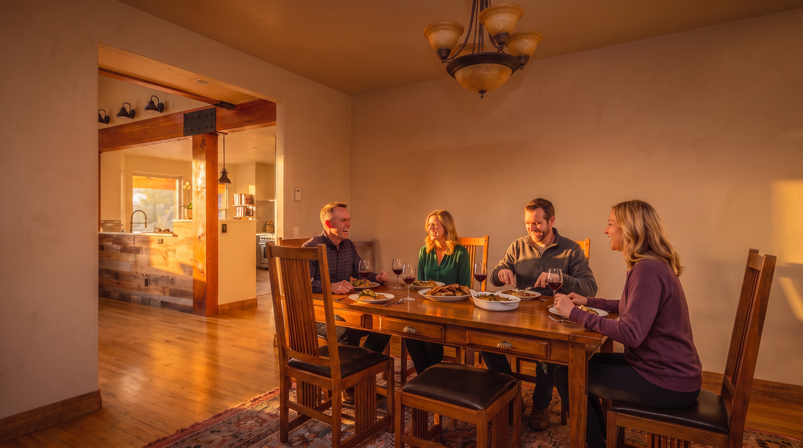 This dining room features a warm, Craftsman-style aesthetic, highlighted by a large wooden dining set with slatted-back chairs centered on a traditional patterned area rug. Above, a multi-light chandelier adds a classic touch, while the open-concept layout reveals a glimpse of a rustic kitchen with wood-paneled accents and solid timber support beams. The space creates a cozy and inviting atmosphere, blending traditional and rustic design elements.