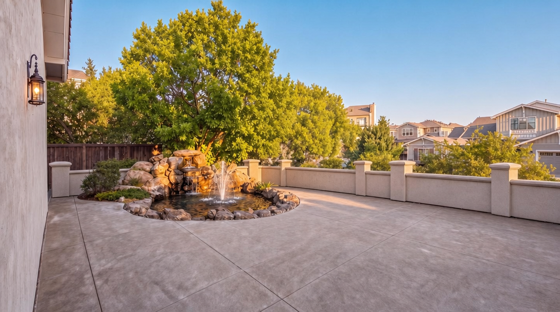 This spacious, modern concrete patio features a built-in stone waterfall and pond feature, creating a serene outdoor oasis. It is framed by a decorative perimeter wall with stone-capped columns, providing both privacy and architectural interest. Overlooking a landscaped yard with mature trees and neighboring homes, the space is perfect for outdoor dining or leisure activities.
