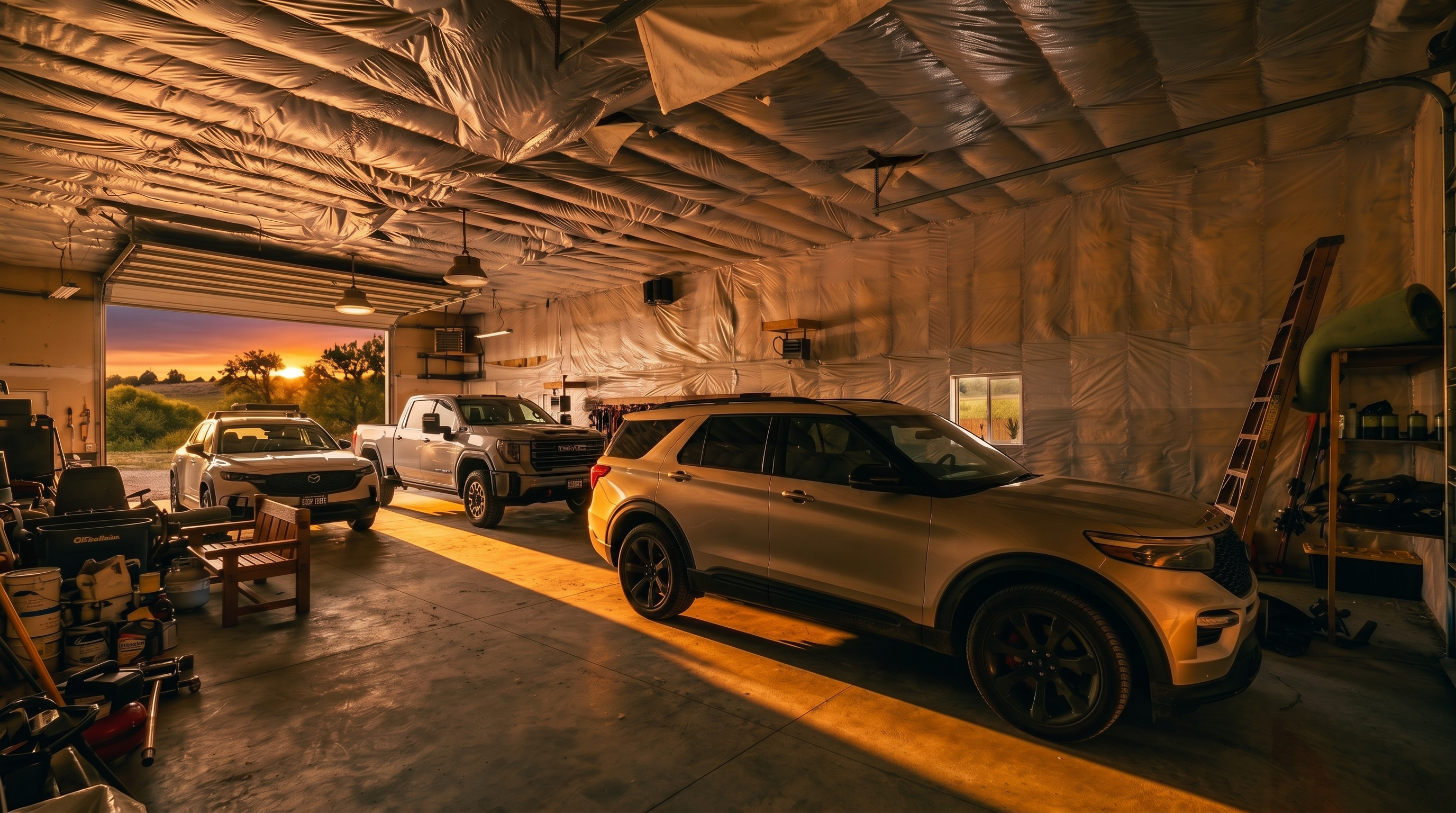 This spacious, industrial-style garage features high, insulated ceilings and concrete flooring, providing ample room for multiple vehicles. The space is currently occupied by three cars, including a white SUV in the foreground, and includes practical storage solutions like a wooden ladder and shelving units along the wall. The perspective is wide-angle, capturing the depth and functional utility of this large, versatile storage area.