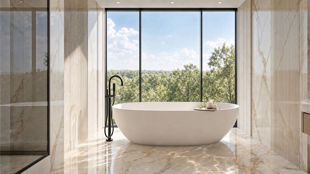 This luxurious primary bathroom features a sleek, freestanding white soaking tub positioned in front of expansive floor-to-ceiling windows that offer a serene view of the surrounding trees. The space is finished with light-toned, veined stone surfaces on both the walls and flooring, creating a cohesive and elegant aesthetic. A modern, matte black floor-mounted tub filler adds a striking contrast to the neutral palette, while the overall design emphasizes a tranquil, spa-like atmosphere.