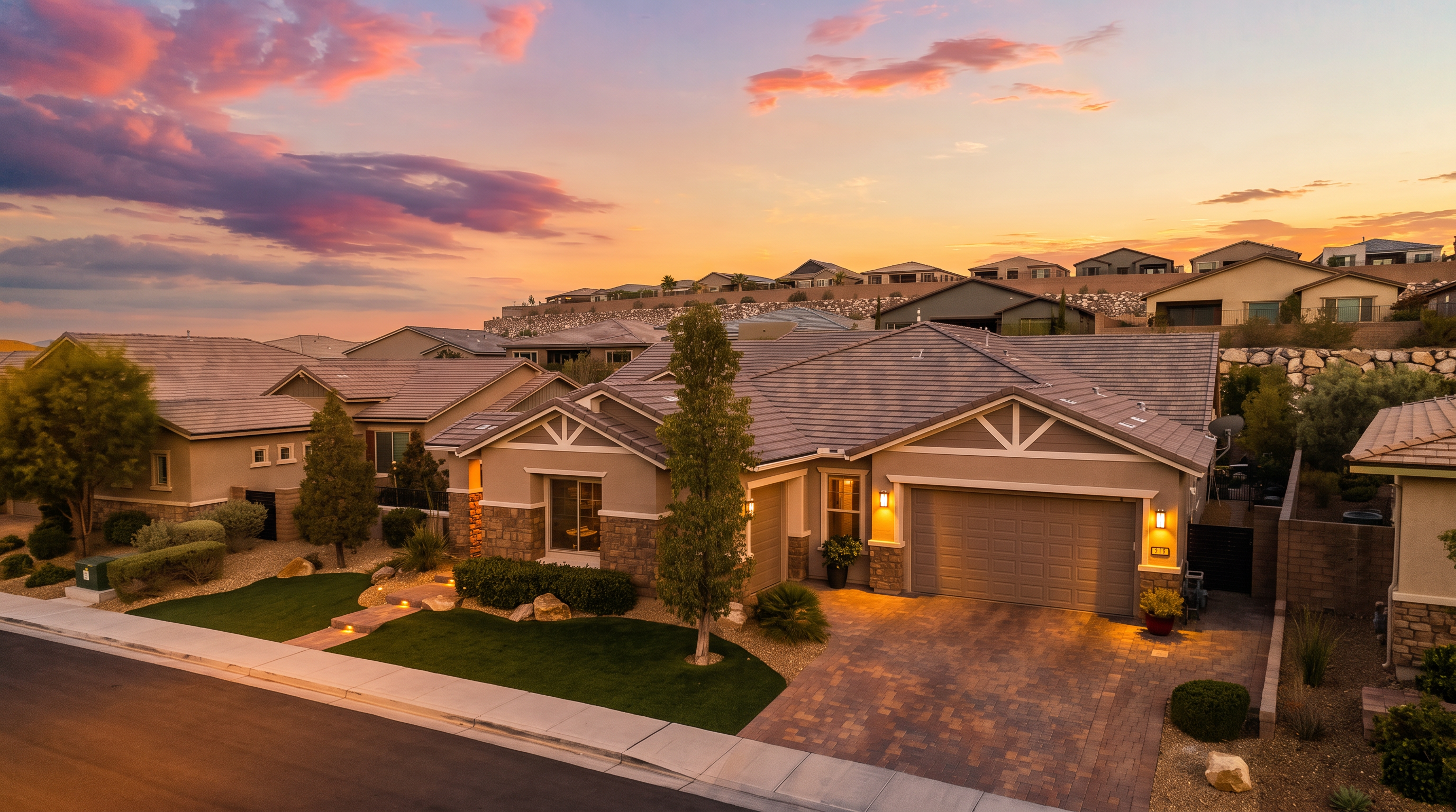 This elevated view captures a single-story suburban residence characterized by a neutral color palette, stone veneer accents, and a multi-gabled tiled roof. The property features a manicured front lawn, a paver driveway, and a welcoming entryway, all set against a stunning, colorful twilight sky. The neighborhood exhibits a cohesive architectural style with terraced landscaping leading up to the surrounding hills.
