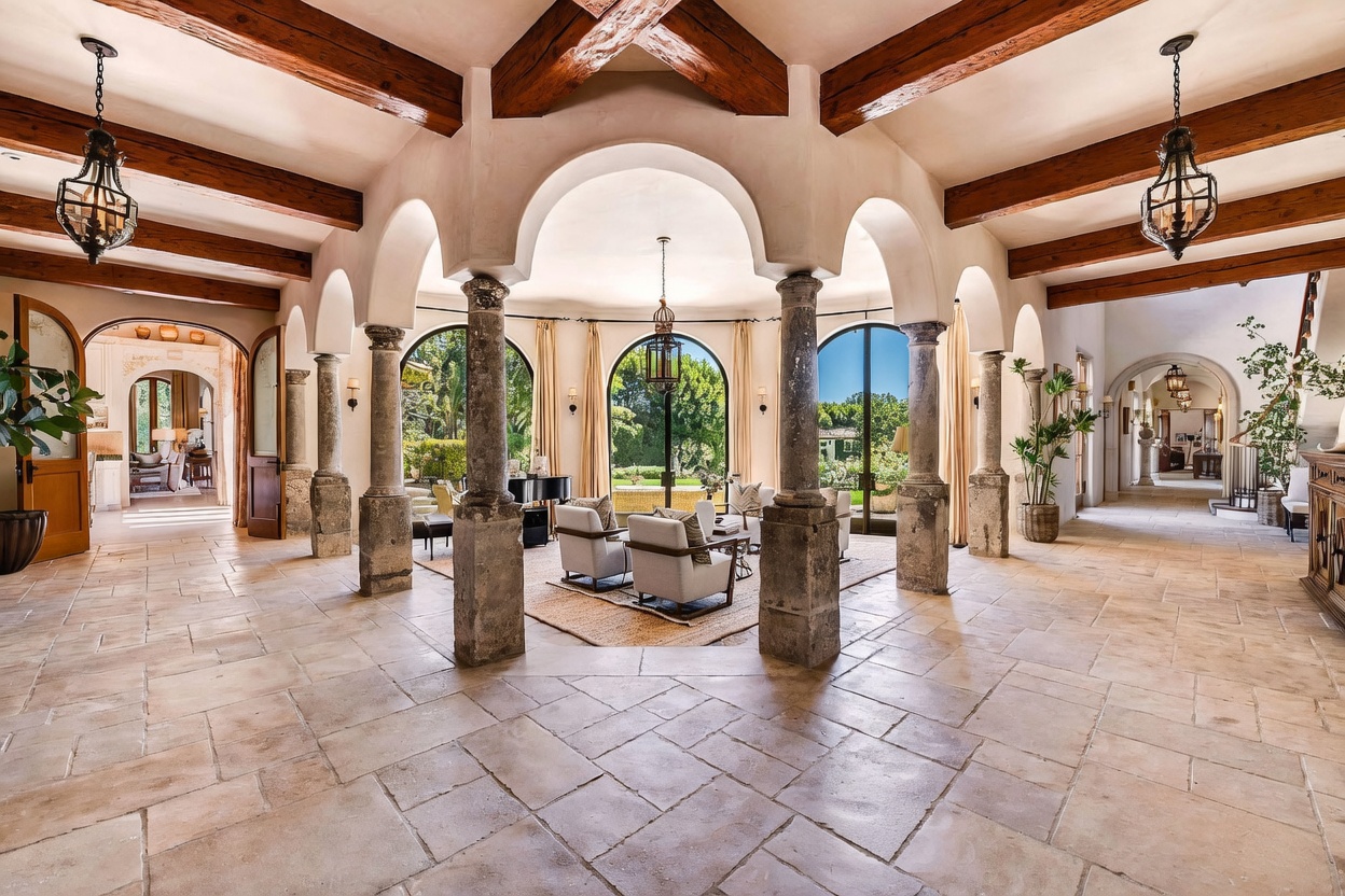 This grand living space features a central rotunda defined by stone columns and arched openings that frame views of the lush outdoor landscape. The room is anchored by exposed wooden ceiling beams and large stone floor tiles, creating a sophisticated Mediterranean-inspired aesthetic. The open layout flows seamlessly into adjacent hallways and rooms, emphasizing a sense of architectural elegance and spaciousness.