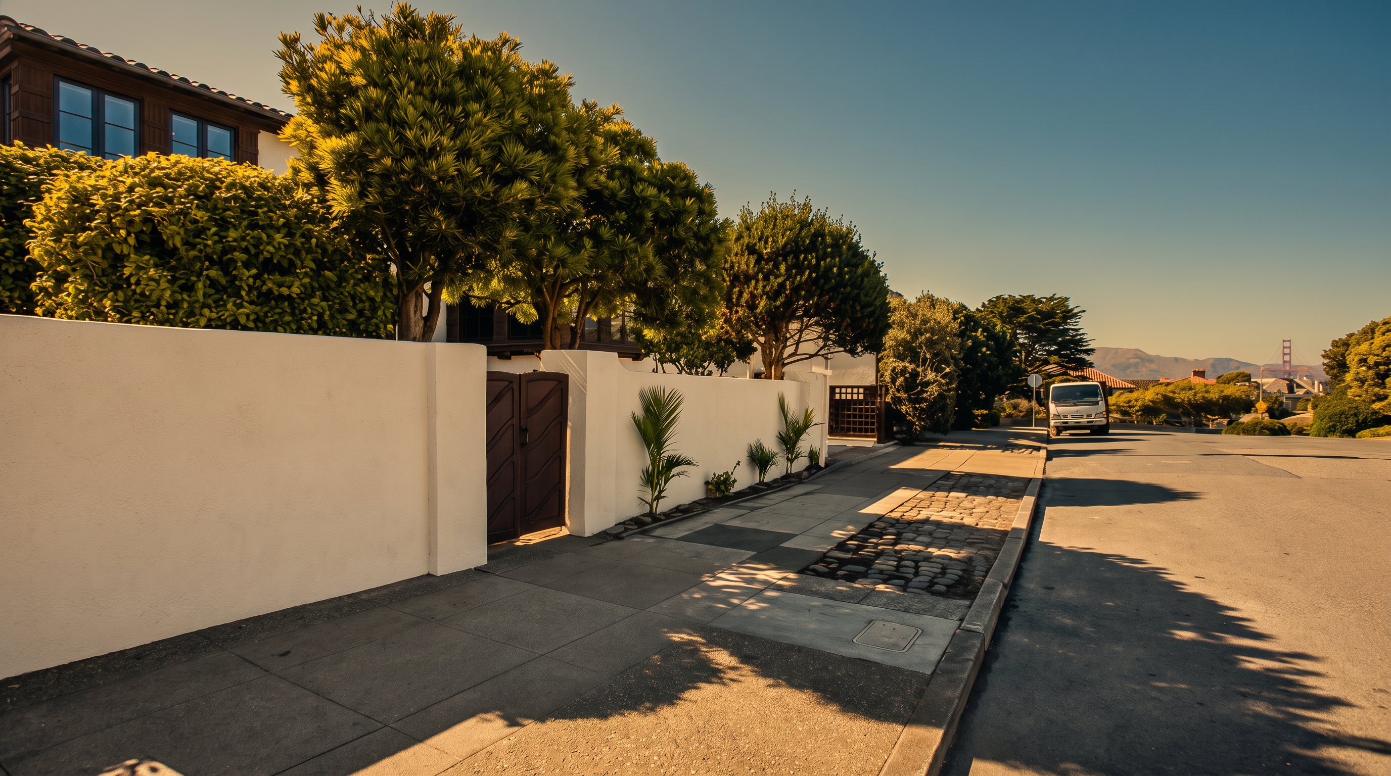 This exterior view captures a street-level perspective of a property bordered by a clean, white stucco wall and lush, mature landscaping. A dark wooden gate provides a private entrance, while a section of cobblestone paving adds texture to the sidewalk area. The bright, clear blue sky and the distant view of the Golden Gate Bridge suggest a desirable, high-end coastal location.