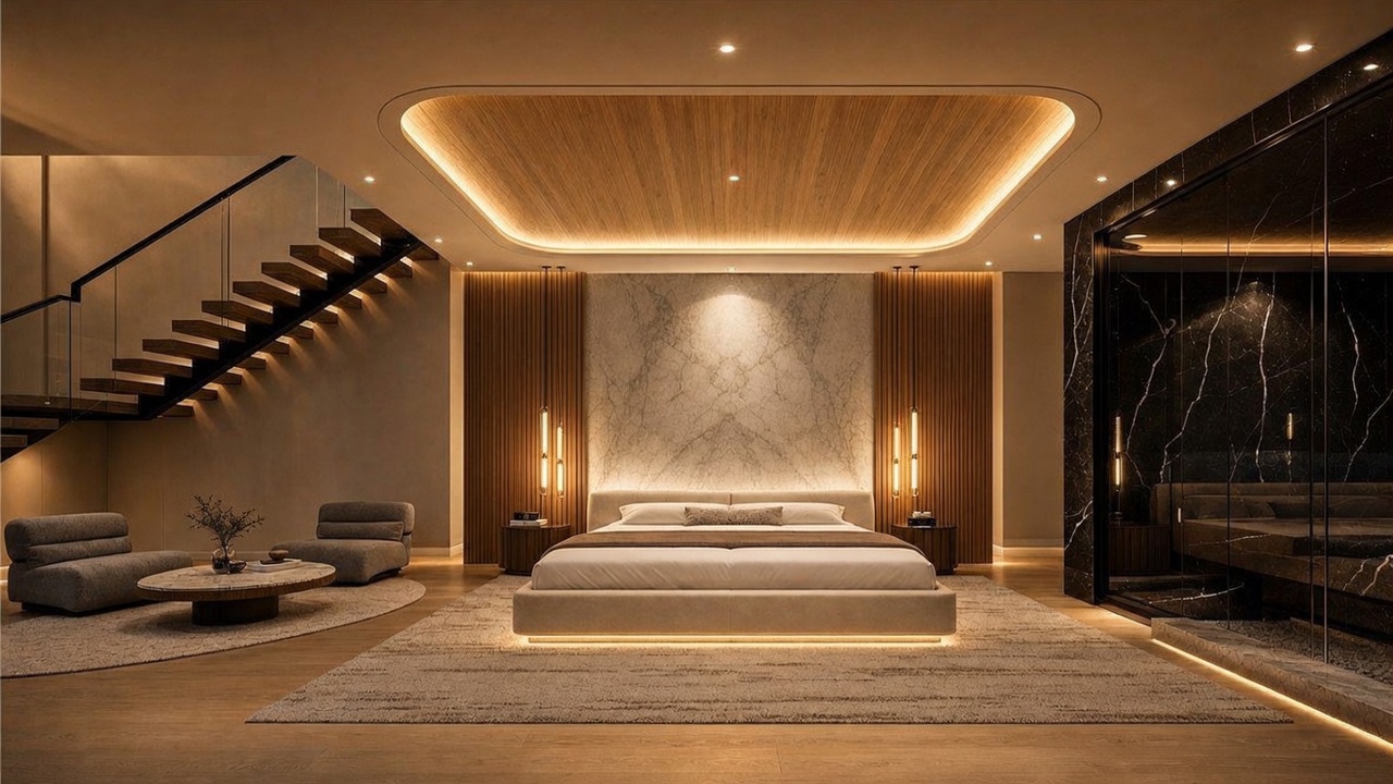 This luxurious primary bedroom features a central bed set against a dramatic stone-clad accent wall flanked by vertical wood paneling and integrated warm lighting. To the left, a floating staircase with glass railings leads to an upper level, while a cozy seating area with a circular rug and modern chairs occupies the foreground. The room is finished with a recessed wood-paneled ceiling and a large, dark-toned reflective wall on the right, creating a sophisticated and contemporary atmosphere.