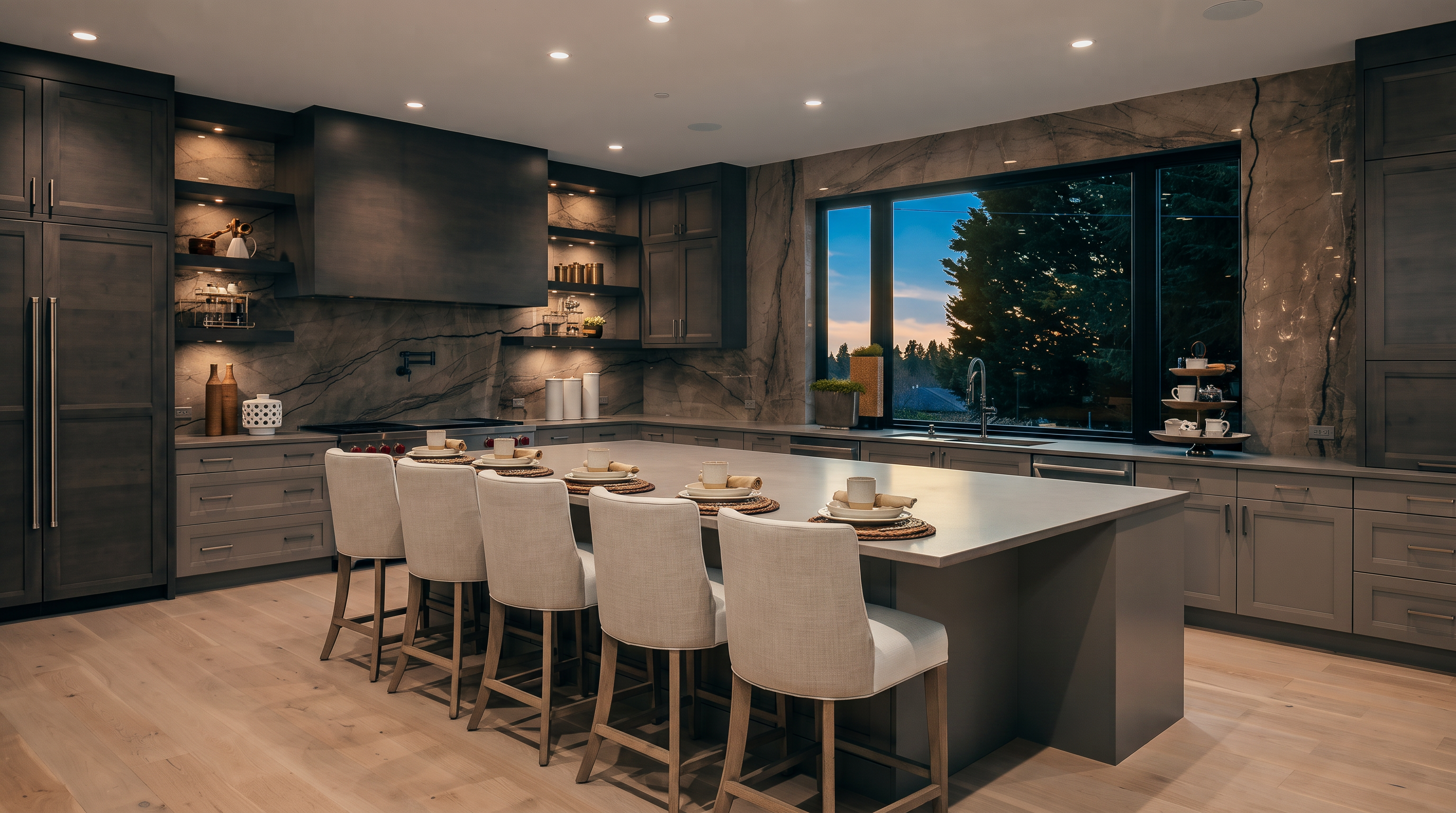 This sophisticated, modern kitchen features dark cabinetry paired with a large central island topped with a light-toned surface and seating for five. The space is defined by a striking stone-clad backsplash that extends across the wall, complemented by recessed lighting and light wood flooring. A large window above the sink provides a clear view of the outdoors, creating a bright and airy atmosphere in this high-end culinary space.