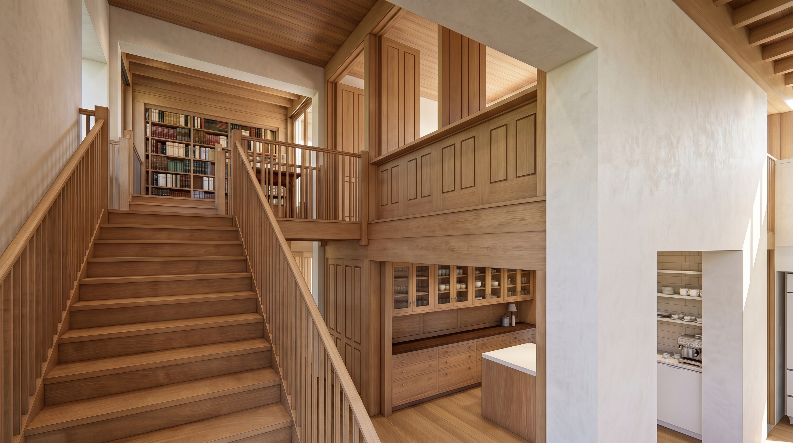 This interior view captures a grand staircase leading to an upper landing, characterized by extensive light wood paneling and cabinetry. The perspective looks down from the stairs toward a lower-level built-in bar or serving area, while a glimpse of a tiled kitchen backsplash is visible through an adjacent doorway. The design emphasizes a cohesive, warm aesthetic with clean lines and integrated storage solutions.