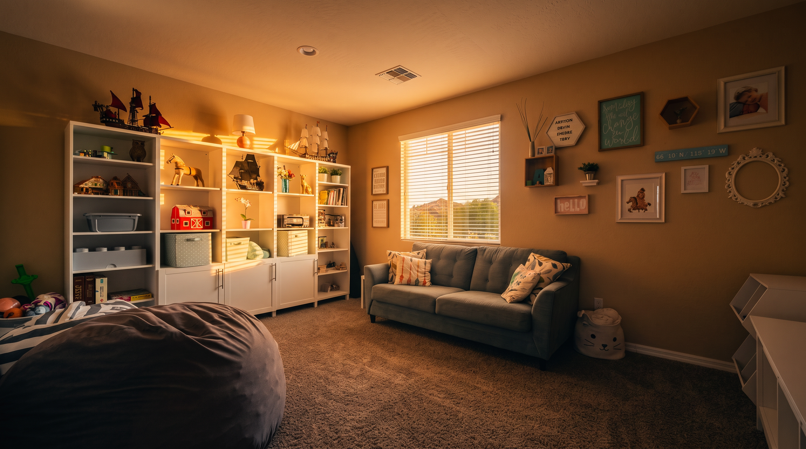 This cozy, multi-functional living space is designed as a comfortable play or lounge area, featuring a large, plush beanbag chair in the foreground and a soft-toned sofa against the wall. The room is well-organized with extensive white shelving units filled with toys and decor, while the walls are adorned with a gallery of framed art and personal mementos. Natural light streams through a central window, creating a warm and inviting atmosphere suitable for a family home.