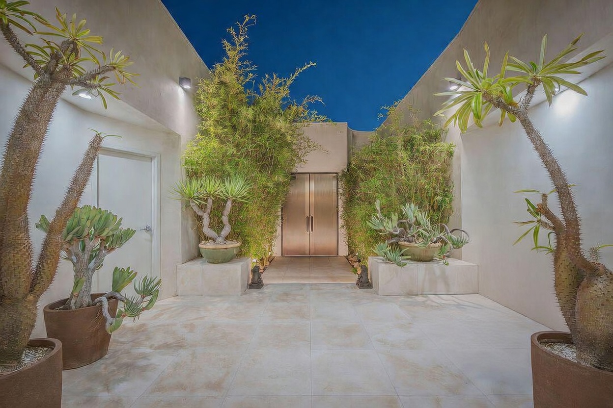 This striking entryway features a modern, minimalist design with a symmetrical layout framed by tall, spiky succulents in large planters. A central set of metallic double doors serves as the focal point, flanked by lush bamboo and illuminated by recessed lighting against smooth, light-colored walls. The paved courtyard creates a serene, architectural arrival experience that feels both private and sophisticated.
