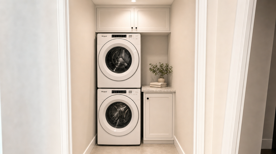 This compact laundry area features a stackable Whirlpool washer and dryer set integrated into custom cabinetry. Next to the machines, a small countertop provides space for folding, complemented by overhead cabinets and a base unit for convenient storage. The neutral color palette and clean lines give the space a tidy, modern, and highly functional feel.
