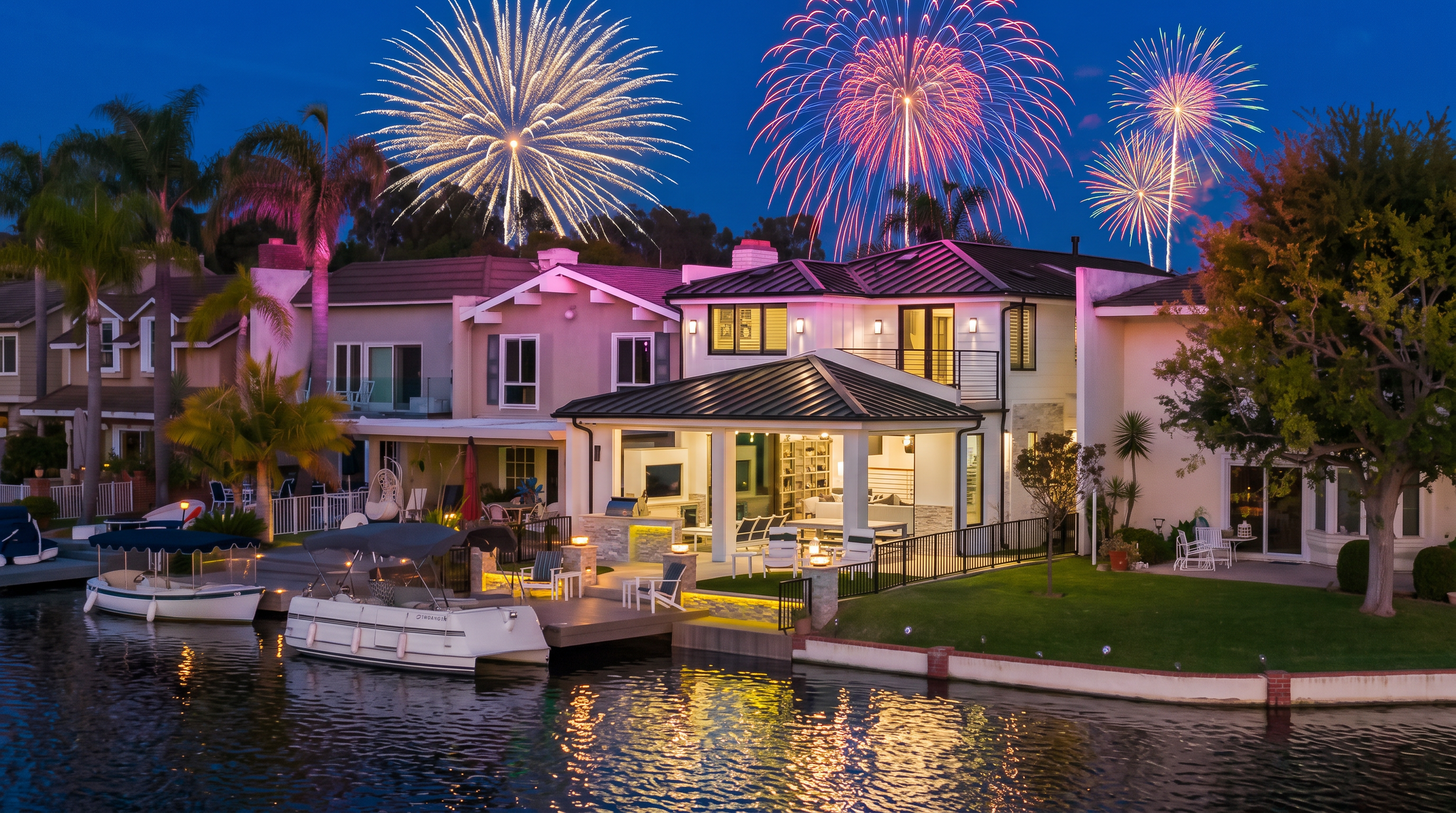 This stunning waterfront property is captured at dusk, showcasing a modern home with a spacious covered patio and a private boat dock. The residence features a dark metal roof, clean white siding, and large glass doors that open to a manicured lawn overlooking the calm water. The scene is illuminated by warm exterior lighting, creating an inviting and luxurious atmosphere perfect for evening relaxation.