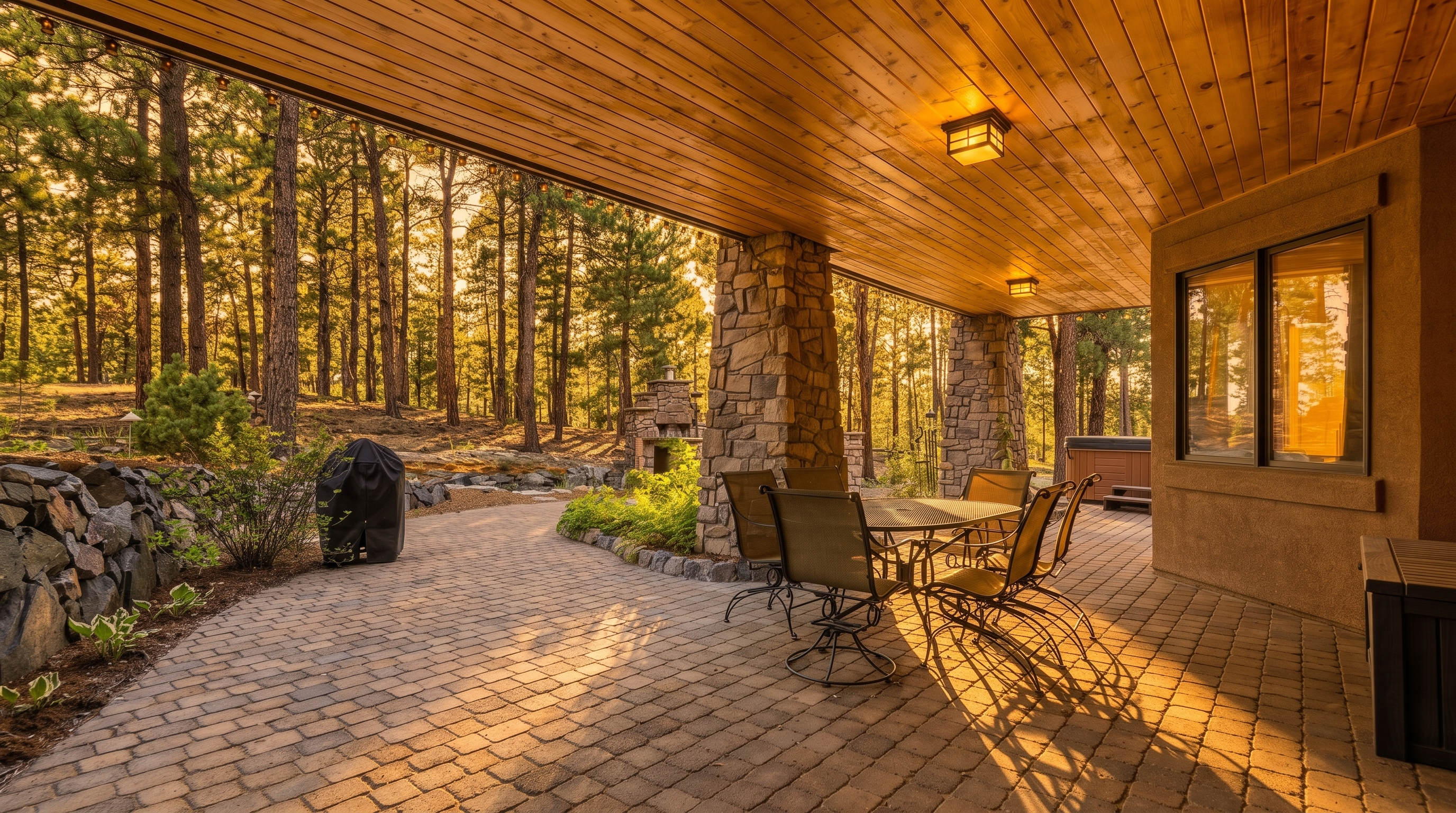 This covered patio features a rustic aesthetic with a warm wood-paneled ceiling and substantial stone-clad support pillars. The space is furnished with a metal dining set and overlooks a landscaped backyard with a stone-accented outdoor fireplace and a dense forest backdrop. The paved stone flooring creates a seamless transition between the sheltered seating area and the natural outdoor environment.
