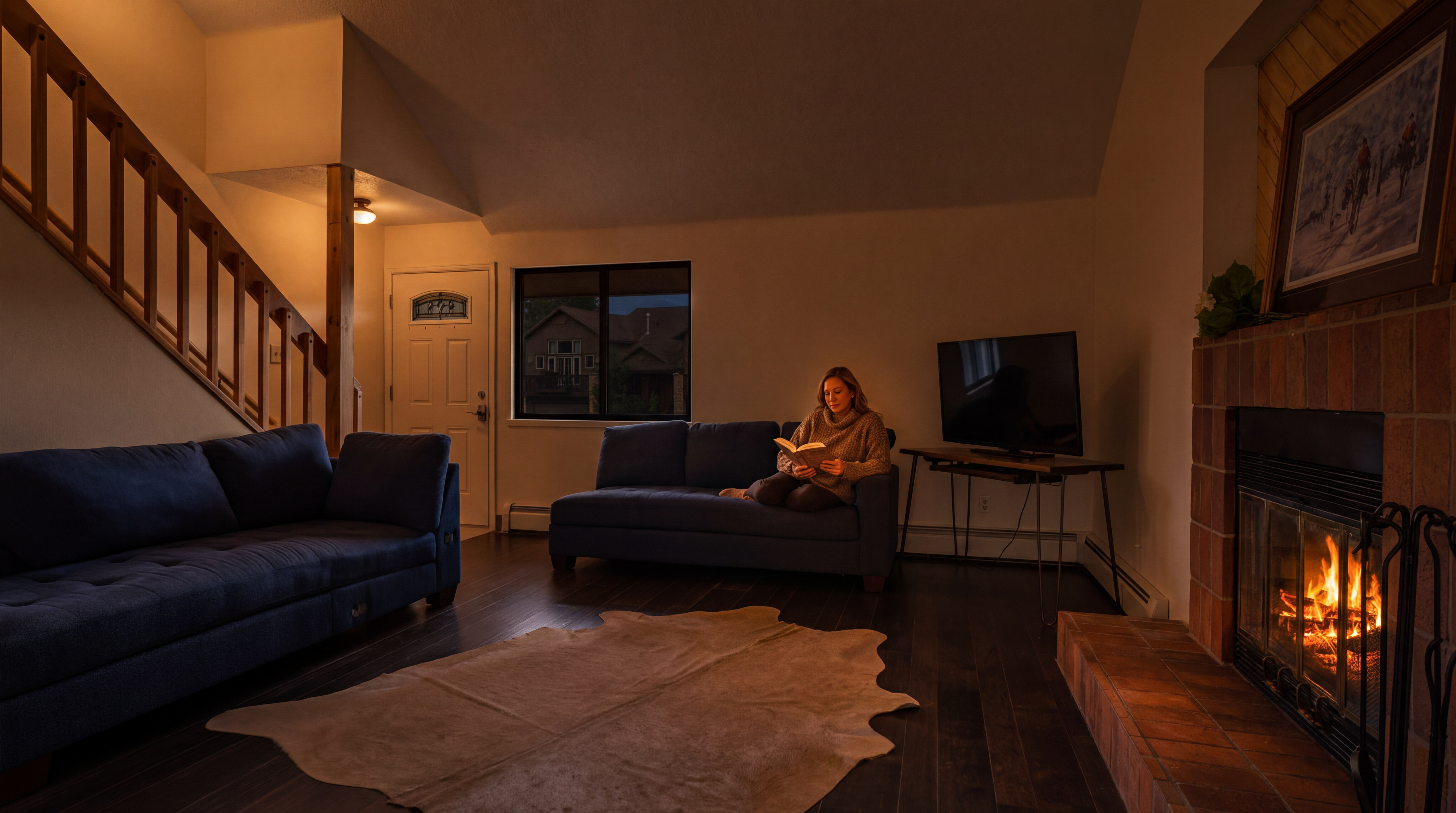 This cozy living room features a warm and inviting atmosphere, highlighted by a glowing wood-burning fireplace with a brick surround. The space is furnished with two deep blue sofas, dark wood flooring, and a decorative hide rug, all under a vaulted ceiling. A staircase adds architectural interest, and the room is well-lit for a relaxing evening, making it a perfect spot for reading or gathering.