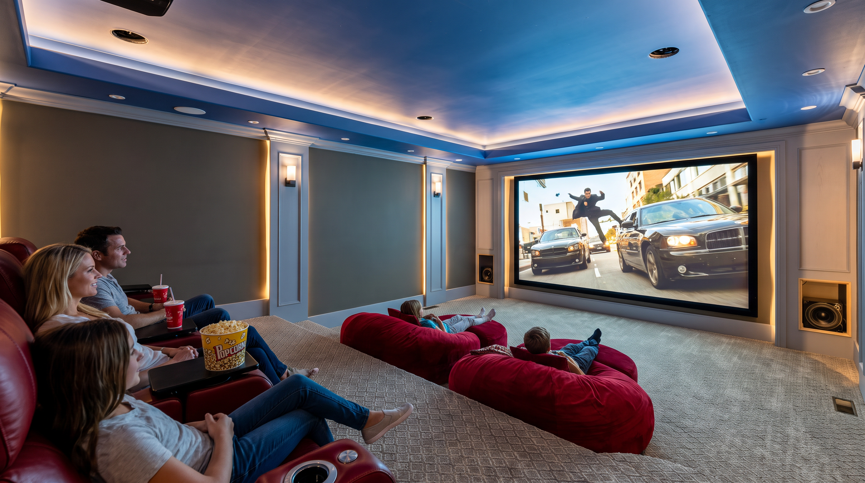 This image features a dedicated home theater room with tiered seating, including plush leather theater chairs in the foreground and casual red bean bag seating on a lower level. The room is equipped with a large projection screen displaying an action scene, integrated wall lighting, and high-end audio speakers, creating a high-quality cinematic viewing experience. The cozy and well-appointed space is designed for immersive entertainment within a residential property.