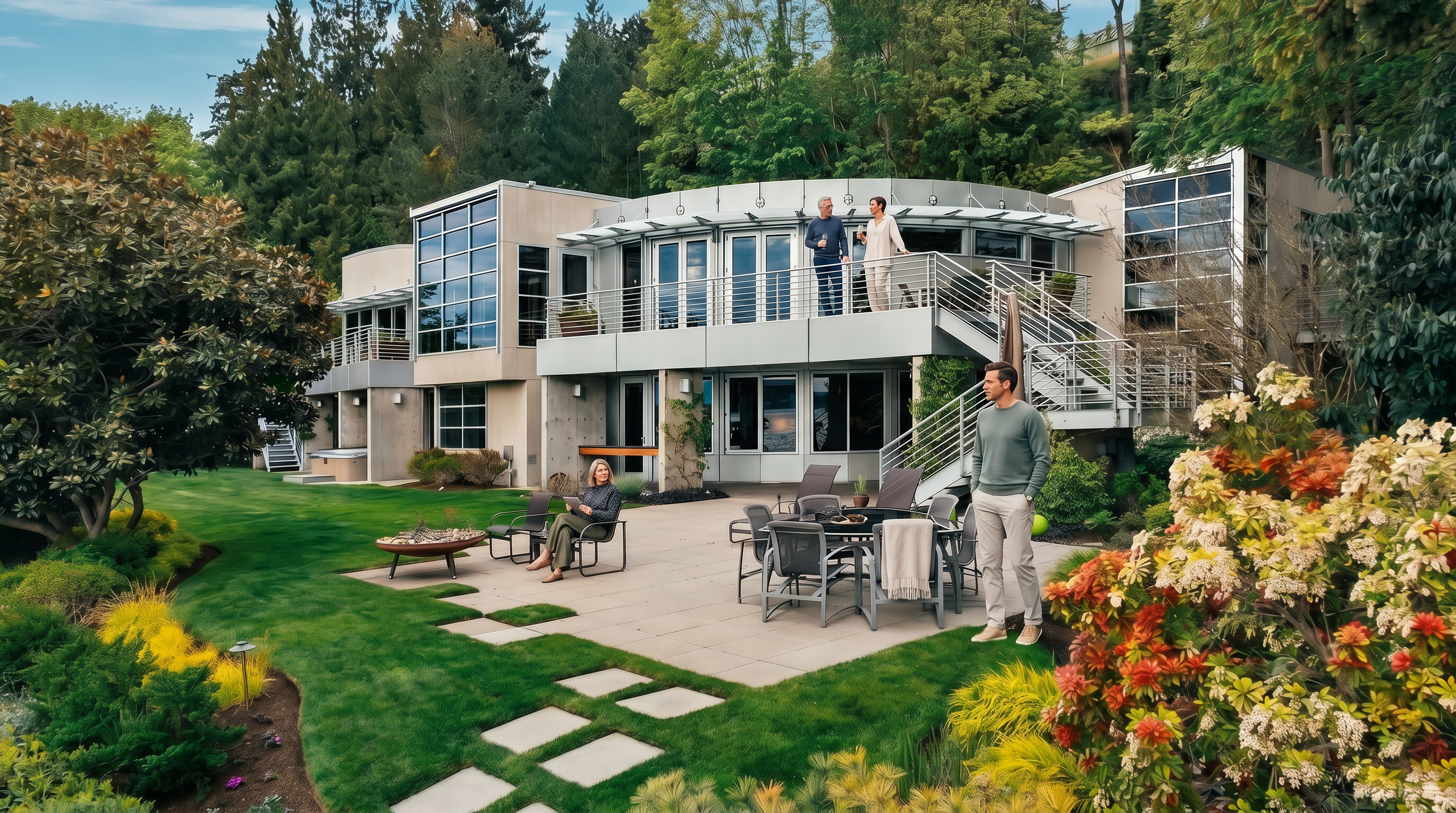 This contemporary residence features a striking curved architectural design with extensive glass walls and a multi-level layout. The rear exterior includes a spacious stone patio furnished for outdoor dining, a manicured lawn, and a metal staircase connecting the upper balcony to the ground level. Lush landscaping and mature trees frame the property, creating a serene and private atmosphere.