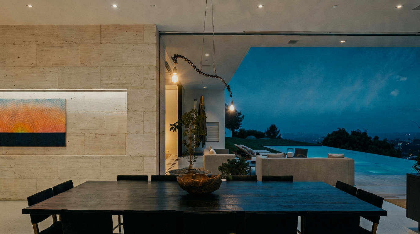 This sophisticated dining area features a large, dark wood table as its centerpiece, seamlessly transitioning into an expansive outdoor patio and infinity pool through floor-to-ceiling glass walls. The interior is characterized by minimalist, modern design with warm stone wall accents and a striking sculptural light fixture. The open-concept layout creates a luxurious indoor-outdoor living experience, perfectly framing the twilight view of the horizon.