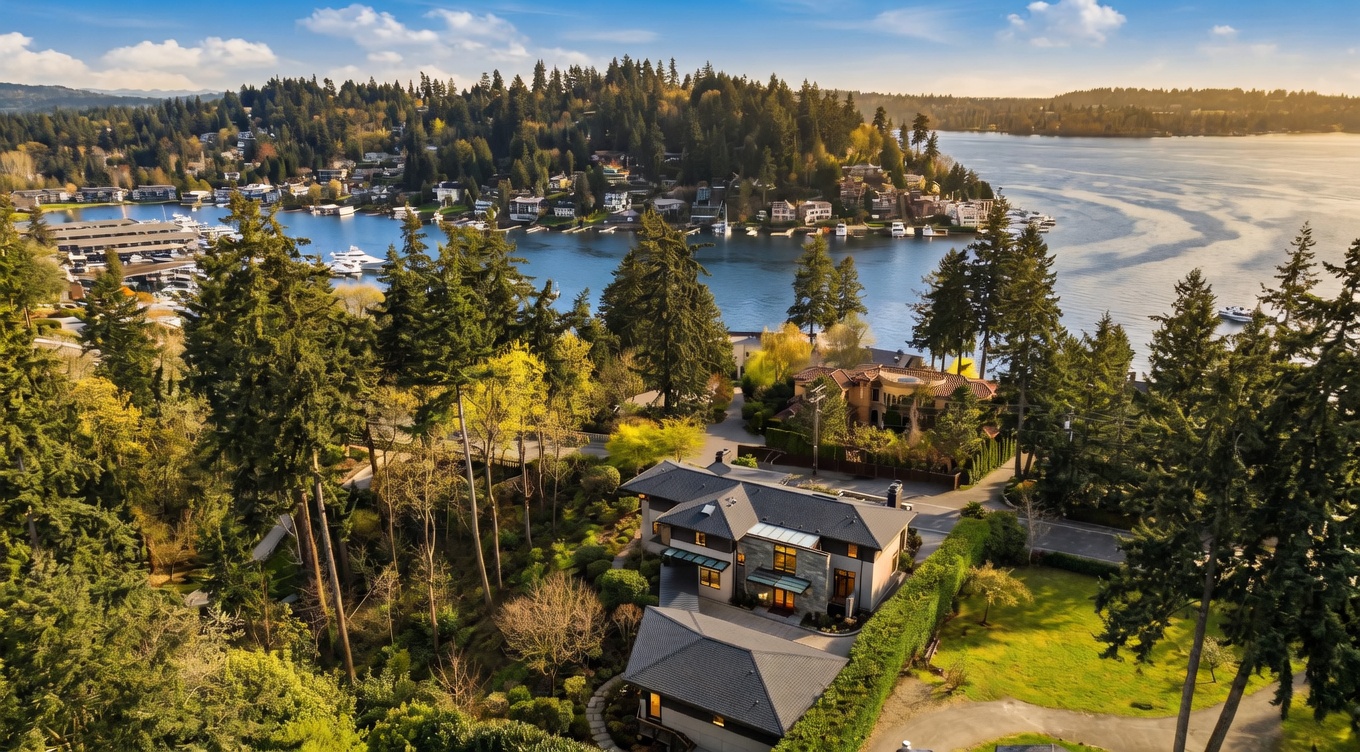 This high-angle aerial view captures a luxurious multi-level residence nestled within a lush, tree-filled landscape overlooking a serene lake. The home features a contemporary architectural design with a dark-tiled roof, stone accents, and a spacious driveway, surrounded by mature greenery and manicured hedges. The expansive waterfront setting provides a picturesque backdrop, highlighting the property's secluded and tranquil atmosphere.