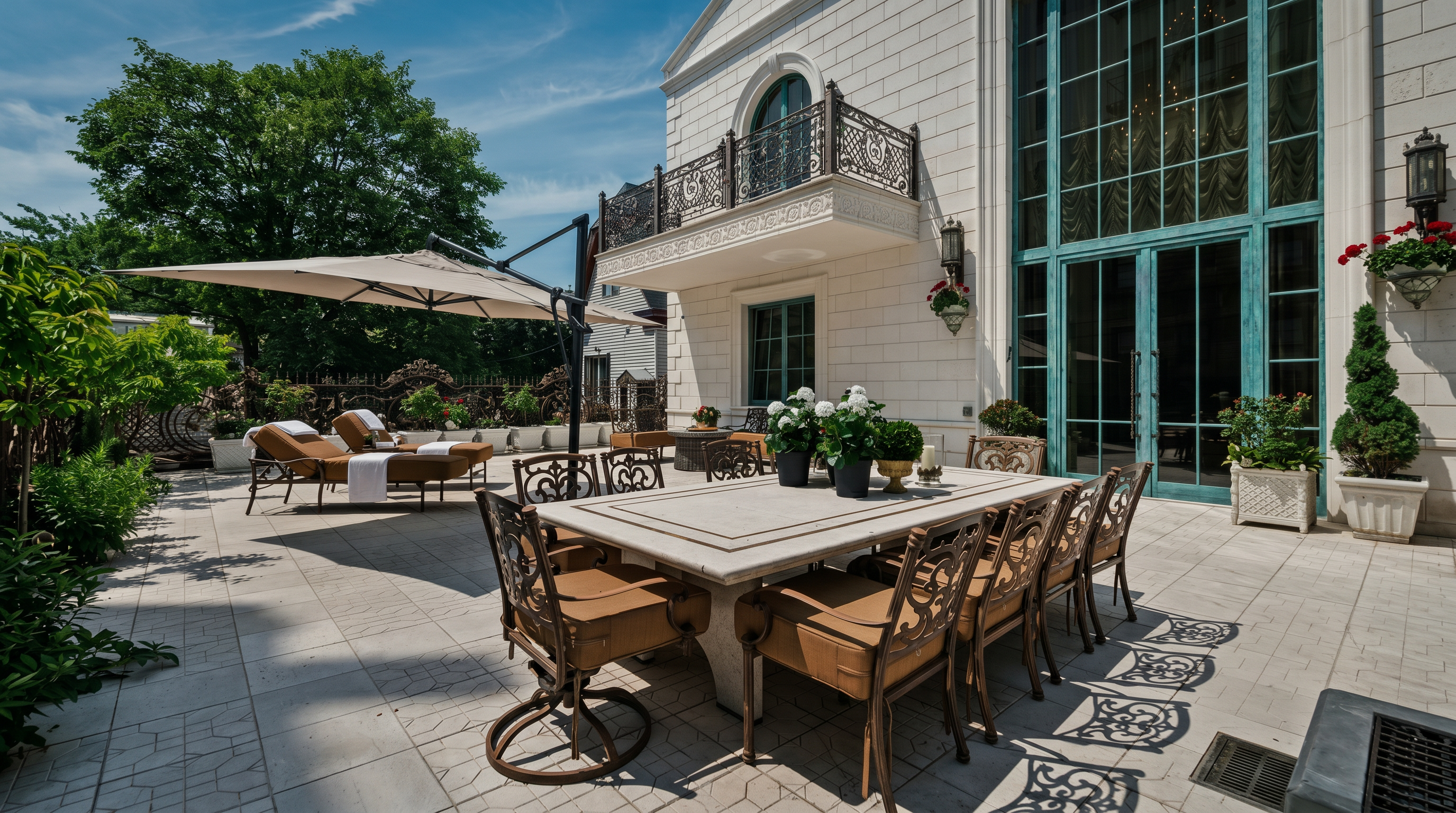 This elegant outdoor patio features a large stone dining table surrounded by ornate metal chairs, perfect for al fresco entertaining. The space is complemented by a cantilevered umbrella, lounge chairs, and lush potted plants, all set against the backdrop of a sophisticated white stone building with a decorative wrought-iron balcony. The perspective is a wide-angle shot that captures the luxurious, well-manicured atmosphere of this private terrace.