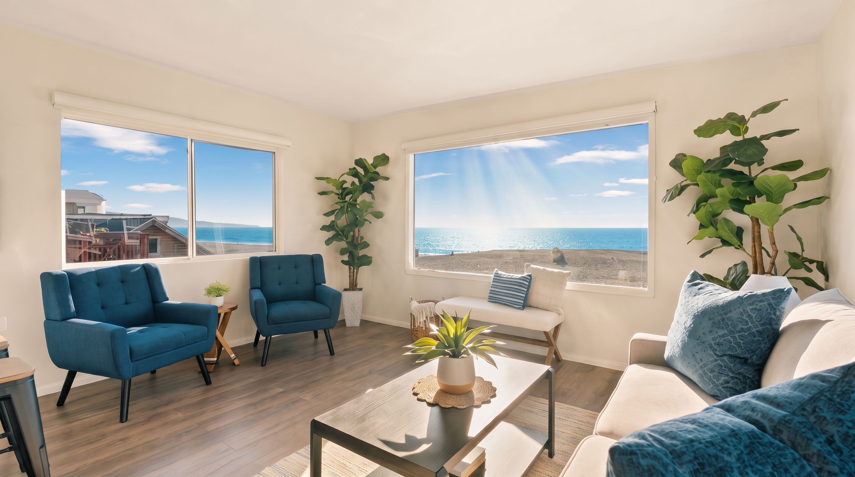 This bright and airy living room features a coastal-inspired aesthetic with large windows that provide expansive views of the ocean and beach. The space is furnished with two blue armchairs, a light-toned sofa, and a central coffee table, all arranged on a textured area rug over wood-look flooring. Potted plants add a touch of greenery, enhancing the serene and inviting atmosphere of this seaside home.