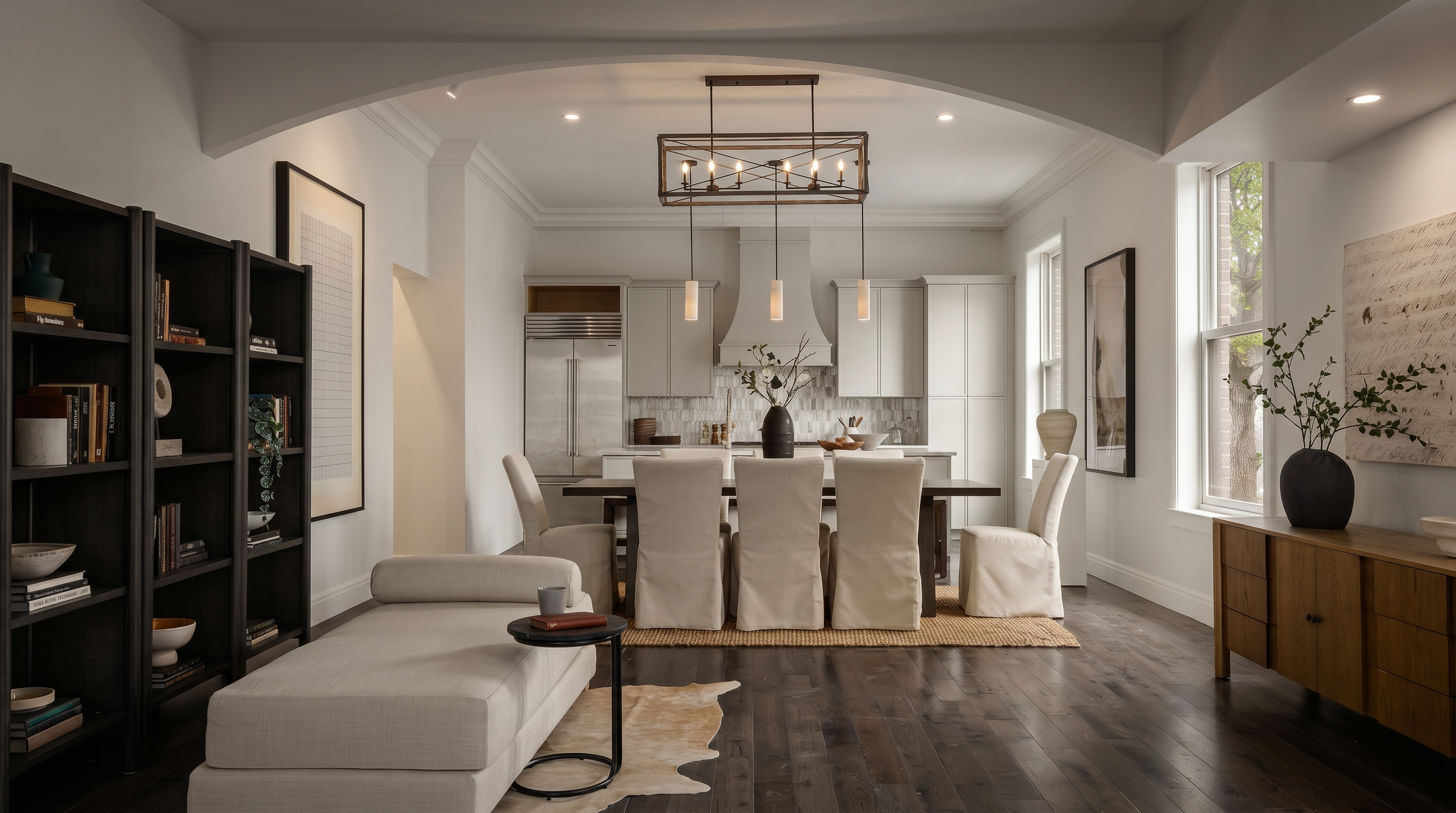 This elegant open-concept space seamlessly blends a sophisticated dining area with a cozy lounge, featuring dark hardwood floors and a neutral color palette. A large dining table with slipcovered chairs sits beneath a modern rectangular chandelier, while a sleek chaise lounge provides a comfortable seating area in the foreground. The room is framed by a graceful architectural archway, leading the eye toward a bright, well-appointed kitchen in the background.