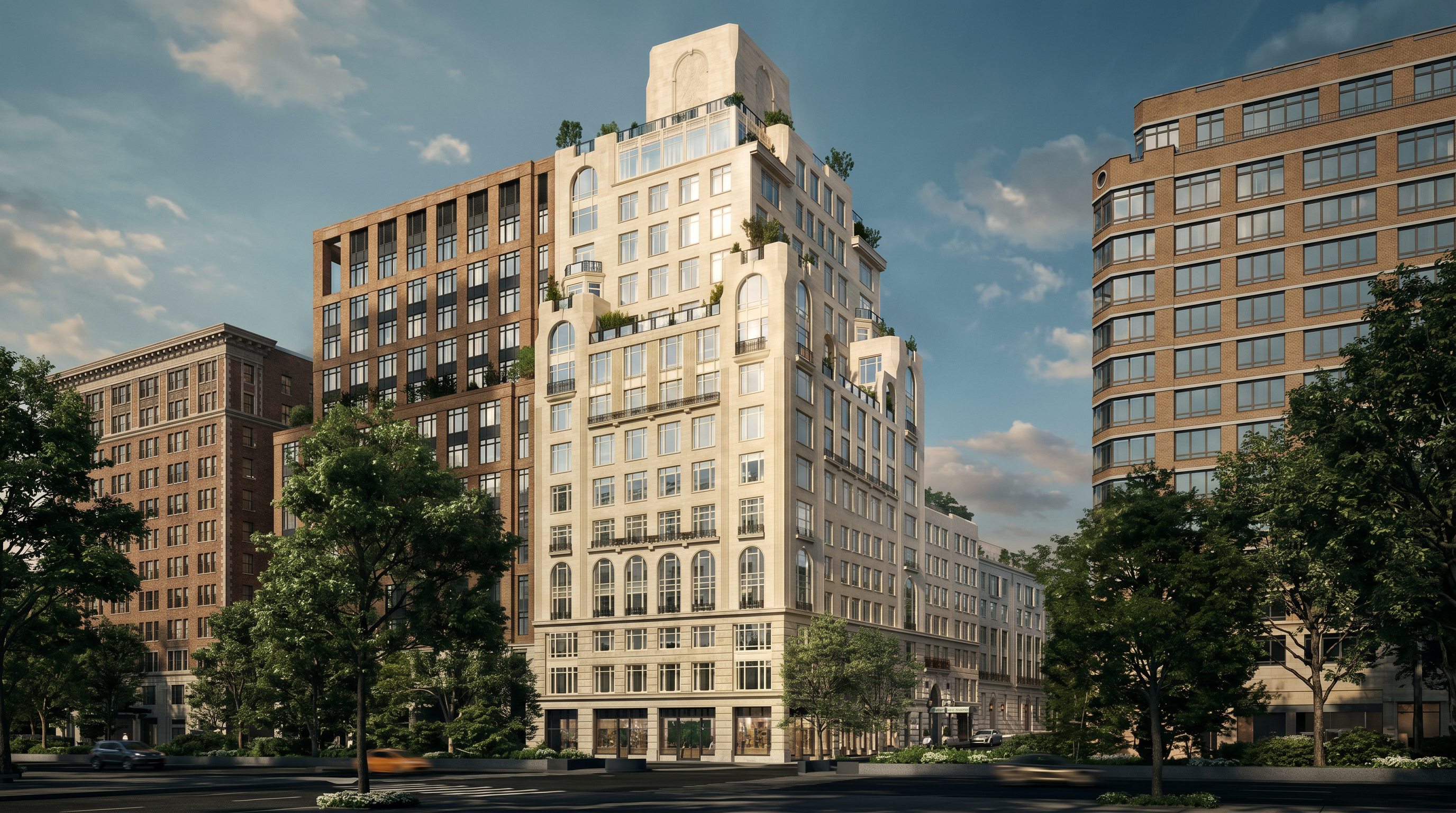 This image presents a low-angle, cinematic perspective of a grand, multi-story luxury apartment building featuring a classic limestone-inspired facade. The architecture incorporates symmetrical window arrangements, arched detailing on the upper levels, and multiple set-back terraces adorned with greenery. The building stands prominently against a bright blue sky with soft clouds, conveying an atmosphere of urban sophistication and high-end residential living.