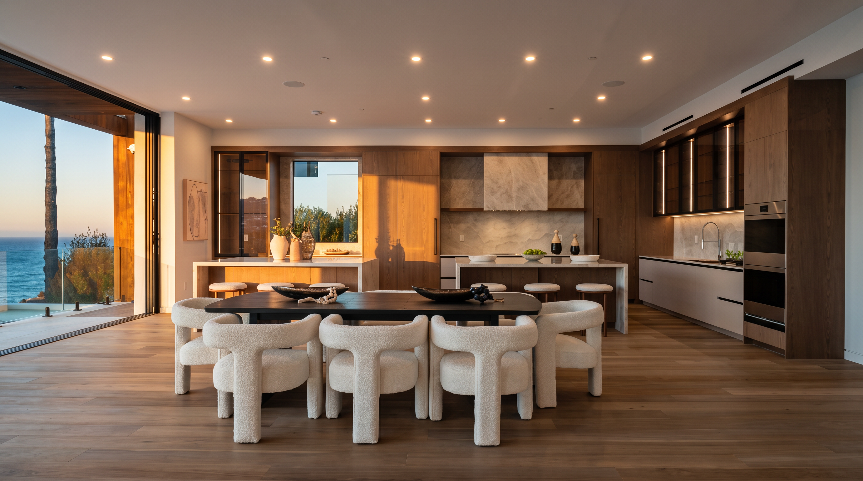 This expansive, open-concept kitchen and dining area features a contemporary design with warm wood cabinetry and light-toned flooring. A large central dining table is surrounded by textured, cream-colored chairs, while two kitchen islands provide additional workspace and seating. The space is illuminated by recessed lighting and large windows that offer a view of the outdoors, creating a bright and sophisticated atmosphere.