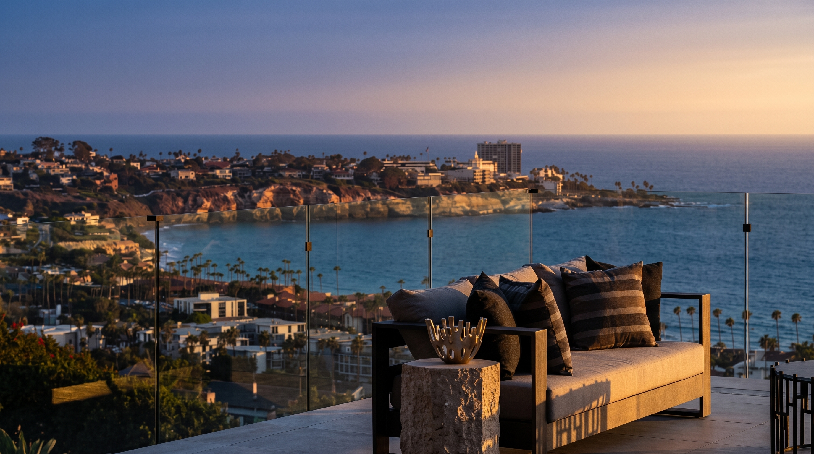 This elevated balcony offers a breathtaking panoramic view of a turquoise bay and the surrounding coastal landscape. The space is furnished with comfortable outdoor seating, including a sofa with plush cushions and a decorative bowl on a stone side table. A sleek glass railing ensures an unobstructed perspective of the ocean, creating a luxurious and serene atmosphere.