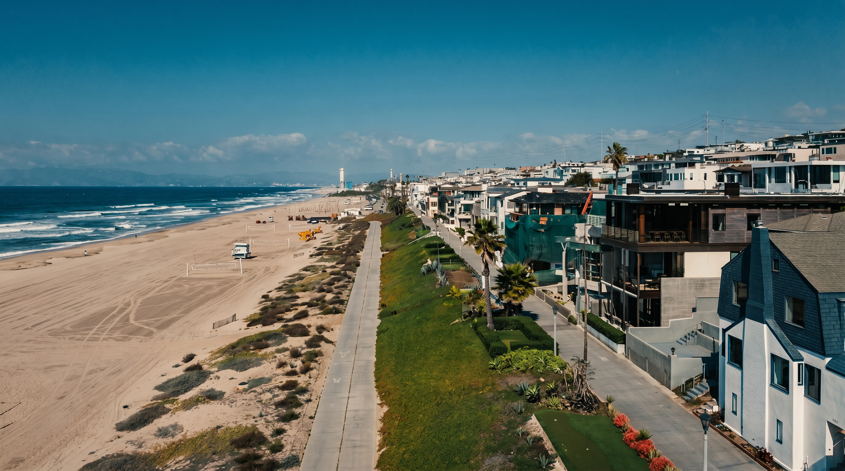 This high-angle aerial view captures a stunning coastal property situated directly along a sandy beach and a public walking path. The perspective highlights the proximity to the ocean, showcasing a row of multi-level residential homes with balconies and modern architectural details. The scene is bathed in bright daylight, emphasizing the expansive shoreline and the seamless integration of luxury living with the natural beach environment.