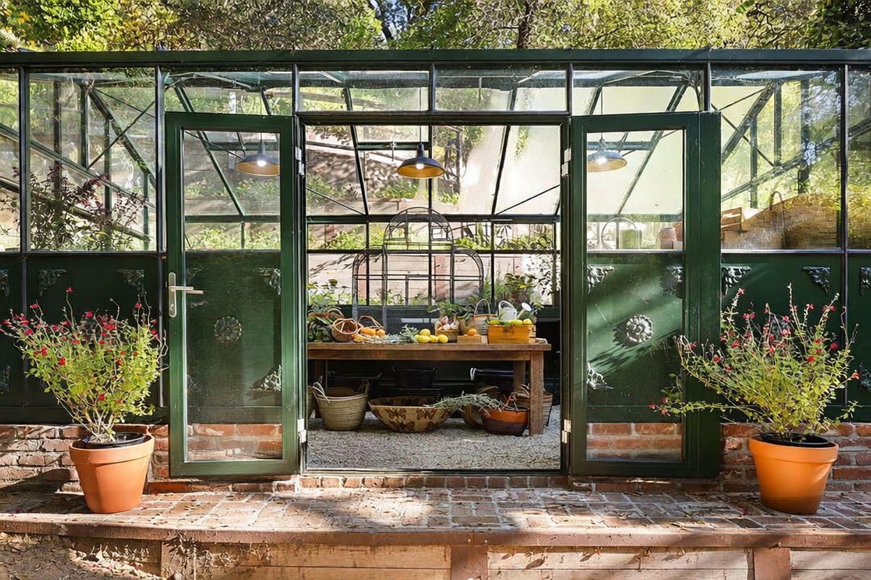 This charming greenhouse conservatory features a dark green metal frame with extensive glass panels, creating a bright and airy space. Inside, a rustic wooden table serves as a potting station, adorned with baskets, fresh produce, and a decorative birdcage, while potted plants flank the entrance on a brick patio. The perspective is a straight-on, eye-level shot looking through the open double doors into the garden structure.