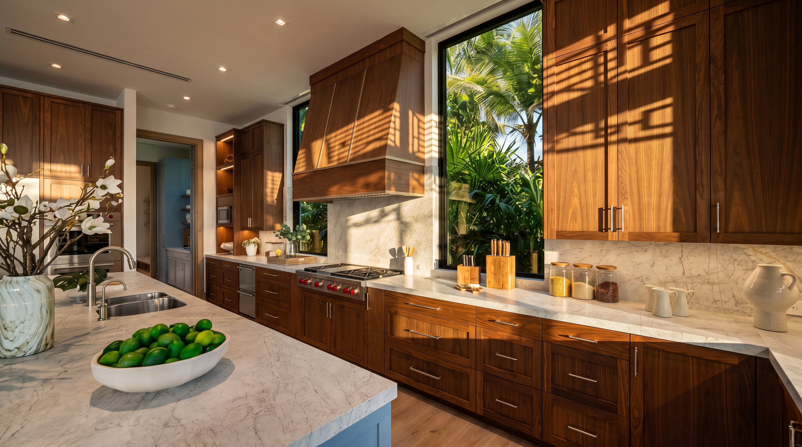 This modern kitchen features warm-toned wood cabinetry, a large central island with a stone countertop, and a professional-grade gas range with a custom wood hood. Large windows flank the cooking area, providing abundant natural light and a lush view of the surrounding greenery. The space is designed with a clean, sophisticated aesthetic, highlighting high-end finishes and a seamless transition between indoor cooking and outdoor scenery.
