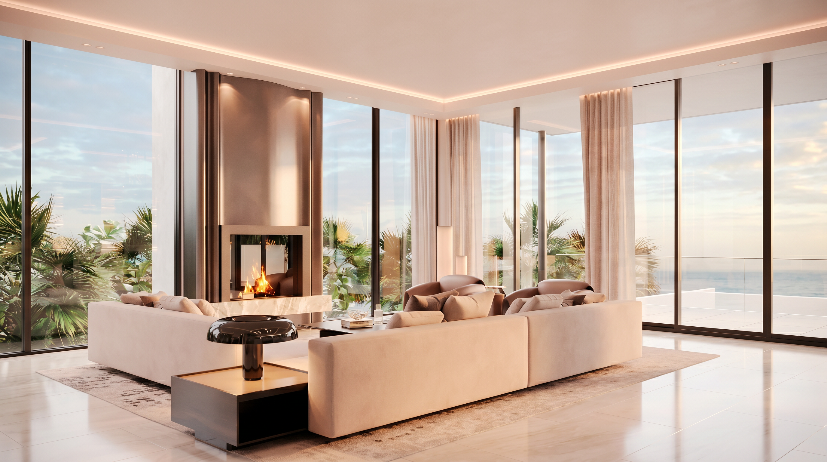This sophisticated living room features a large, neutral-toned sectional sofa arranged around a central coffee table and a prominent fireplace with a tall, dark-toned chimney breast. The space is defined by expansive floor-to-ceiling windows that offer panoramic views of lush tropical greenery and the horizon beyond. A modern, dark-toned table lamp sits on a side console in the foreground, contributing to the sleek, contemporary aesthetic of this high-end residence.