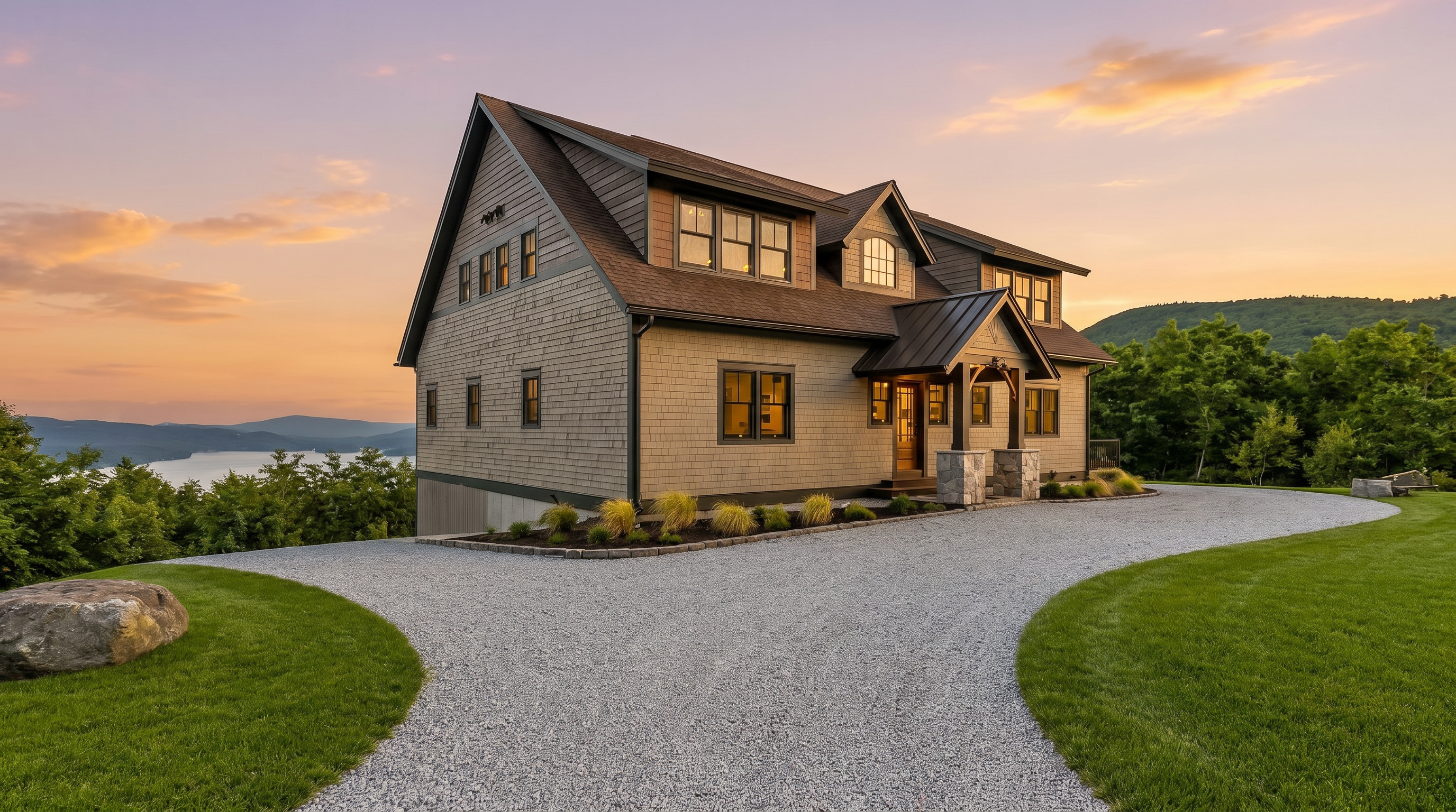 This striking shingle-style home is situated on a scenic hillside, offering expansive views of a lake and distant mountains. The exterior features a blend of natural wood-tone shingles, a dark metal roof over the entryway, and a gravel driveway that curves gracefully toward the front porch. Lush green lawns and mature trees frame the property, creating a serene and picturesque setting.