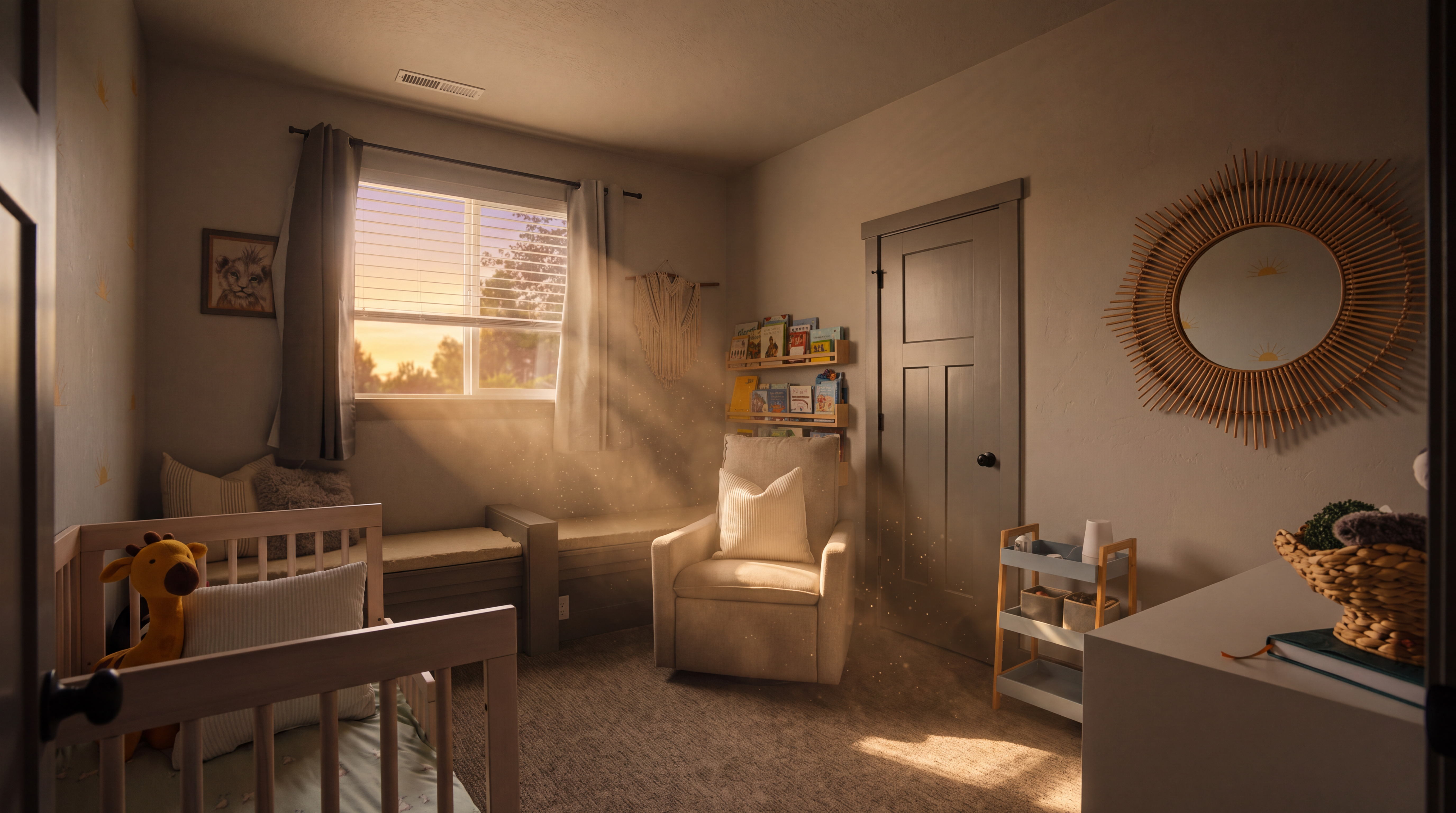 This charming nursery features a light-toned crib, a comfortable upholstered rocking chair, and a built-in window seat with storage underneath. The room is decorated with soft neutral tones, a sunburst-style wall mirror, and wall-mounted bookshelves, creating a cozy and inviting atmosphere. The perspective captures the entire room, highlighting the functional layout and thoughtful design elements suitable for a child's space.