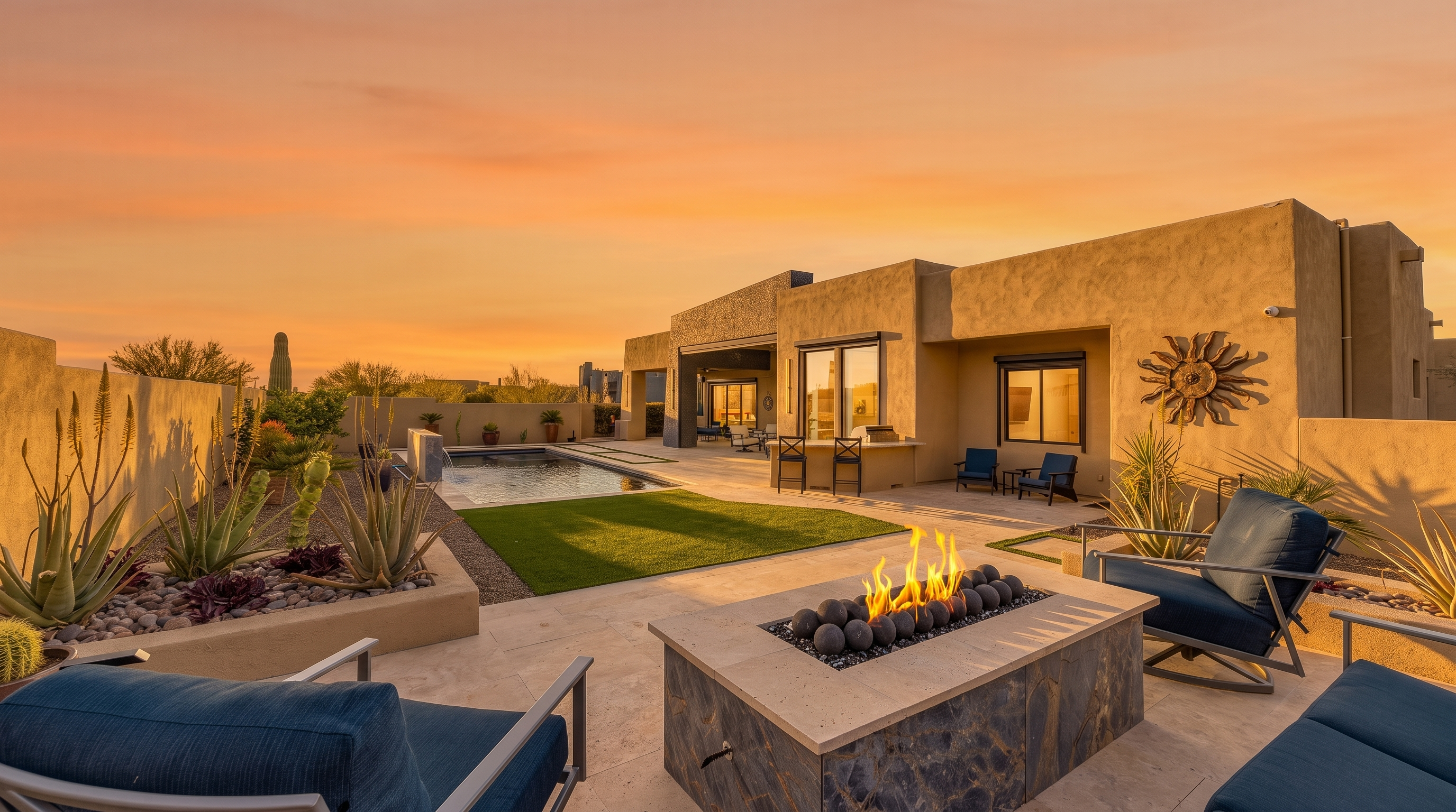 This expansive desert-style patio features a central fire pit with a dark stone base and a rectangular fire feature, surrounded by comfortable outdoor seating. The space transitions into a manicured artificial turf lawn and a sleek swimming pool, all set against a backdrop of a modern stucco home with warm exterior lighting. The scene is captured at dusk, highlighting the inviting atmosphere of the outdoor living area under a vibrant, colorful sky.