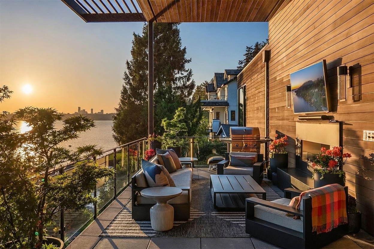 This luxurious outdoor deck offers a stunning sunset view over a body of water and a distant city skyline. The space is furnished with comfortable lounge seating, a coffee table, and an outdoor fireplace, creating an ideal setting for relaxation or entertaining. The deck features a modern wood-paneled wall, a mounted television, and a glass railing that maximizes the panoramic waterfront vistas.
