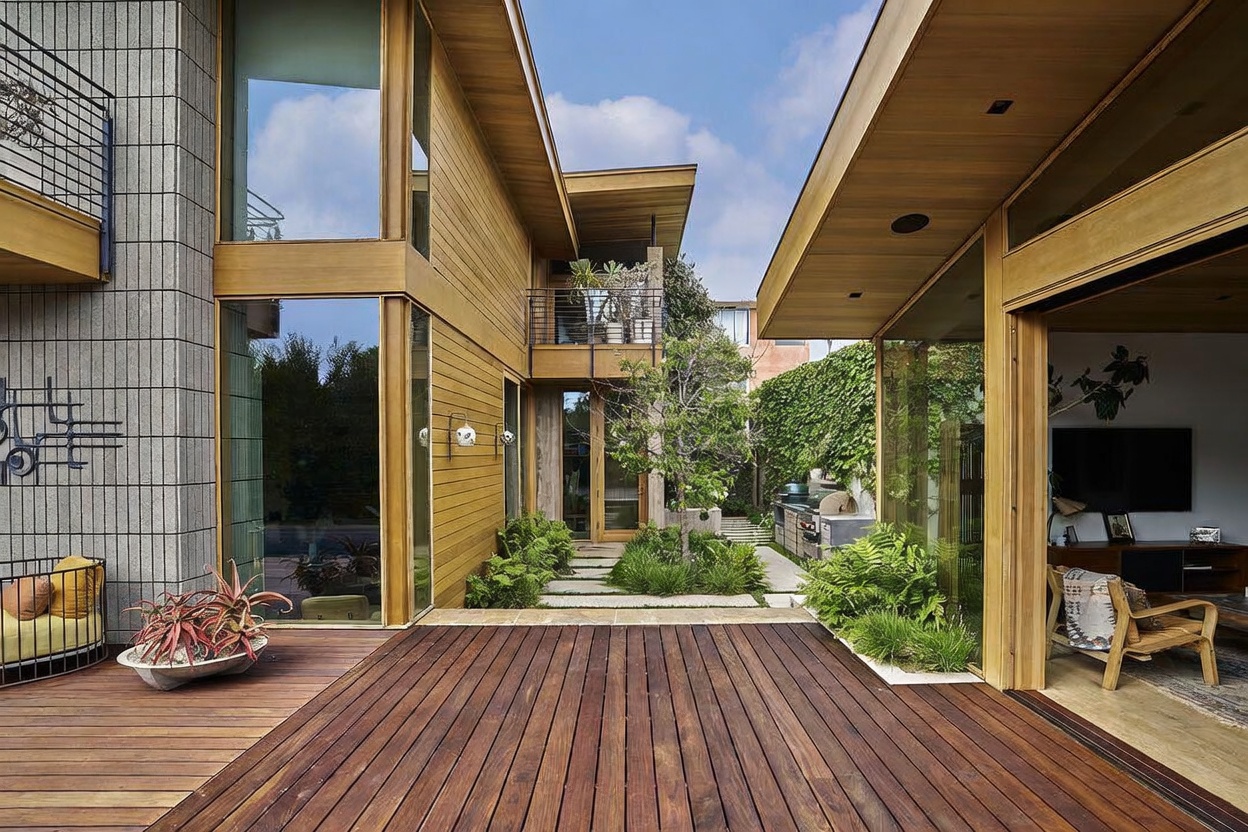 This modern architectural home features a spacious wooden deck that seamlessly connects indoor and outdoor living spaces. The design incorporates warm wood siding, large glass panels, and a central garden courtyard with stone pavers, creating a serene and sophisticated atmosphere. The perspective captures the transition between the interior living area and the exterior deck, highlighting the home's open-concept layout and integration with nature.