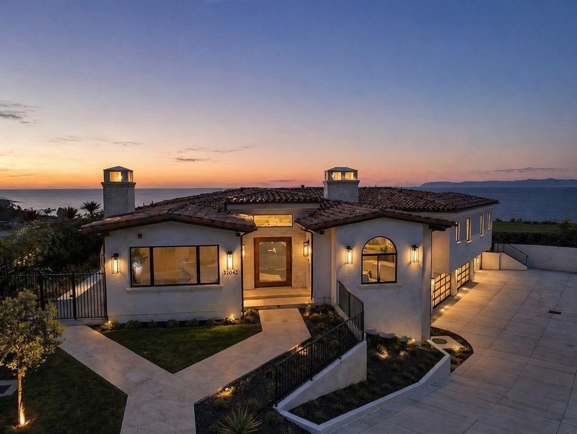 This stunning Mediterranean-style residence is captured at twilight, showcasing a warm, inviting facade with soft exterior lighting. The home features a classic terracotta tile roof, stucco walls, and a prominent central entryway, all set against a breathtaking ocean backdrop. A paved driveway leads to the garage on the right, while a manicured walkway guides visitors to the front door, creating a sophisticated and serene curb appeal.
