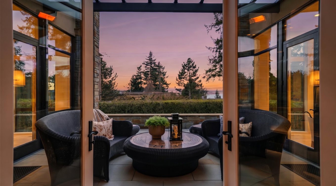 This inviting covered patio is framed by large glass doors, offering a seamless transition from the interior to an outdoor seating area. The space is furnished with dark wicker chairs and a matching circular table, creating a cozy spot to enjoy the sunset view over the manicured hedge and distant trees. The warm, ambient lighting and the serene twilight sky contribute to a sophisticated and tranquil atmosphere.