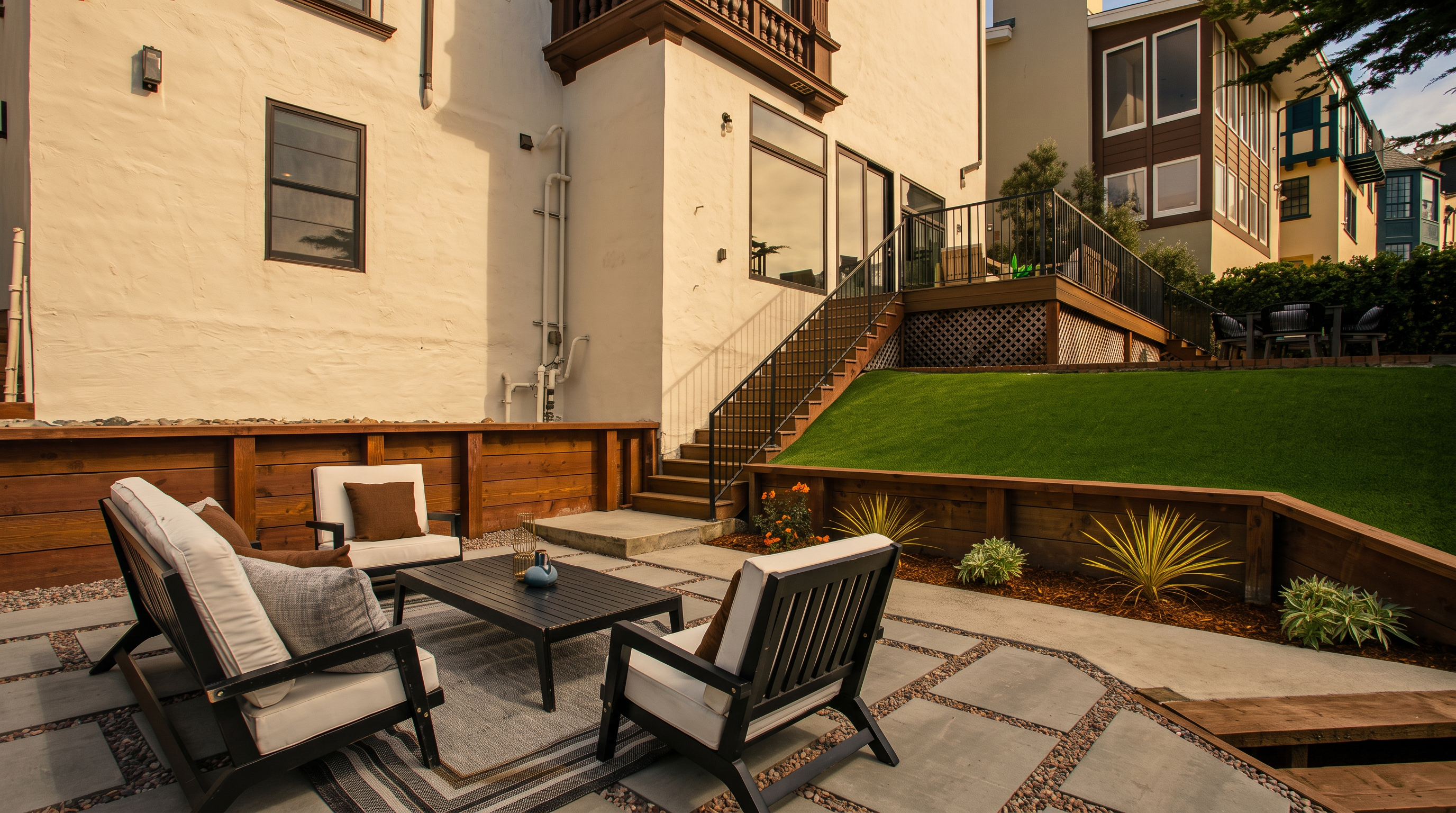 This backyard space features a modern stone-paved patio area furnished with comfortable outdoor seating and a central coffee table. A set of stairs leads up to a raised wooden deck, while a manicured lawn sits atop a terraced retaining wall constructed from horizontal wood planks. The scene is captured from a low, eye-level perspective, highlighting the clean lines of the landscaping and the architectural details of the multi-story home.
