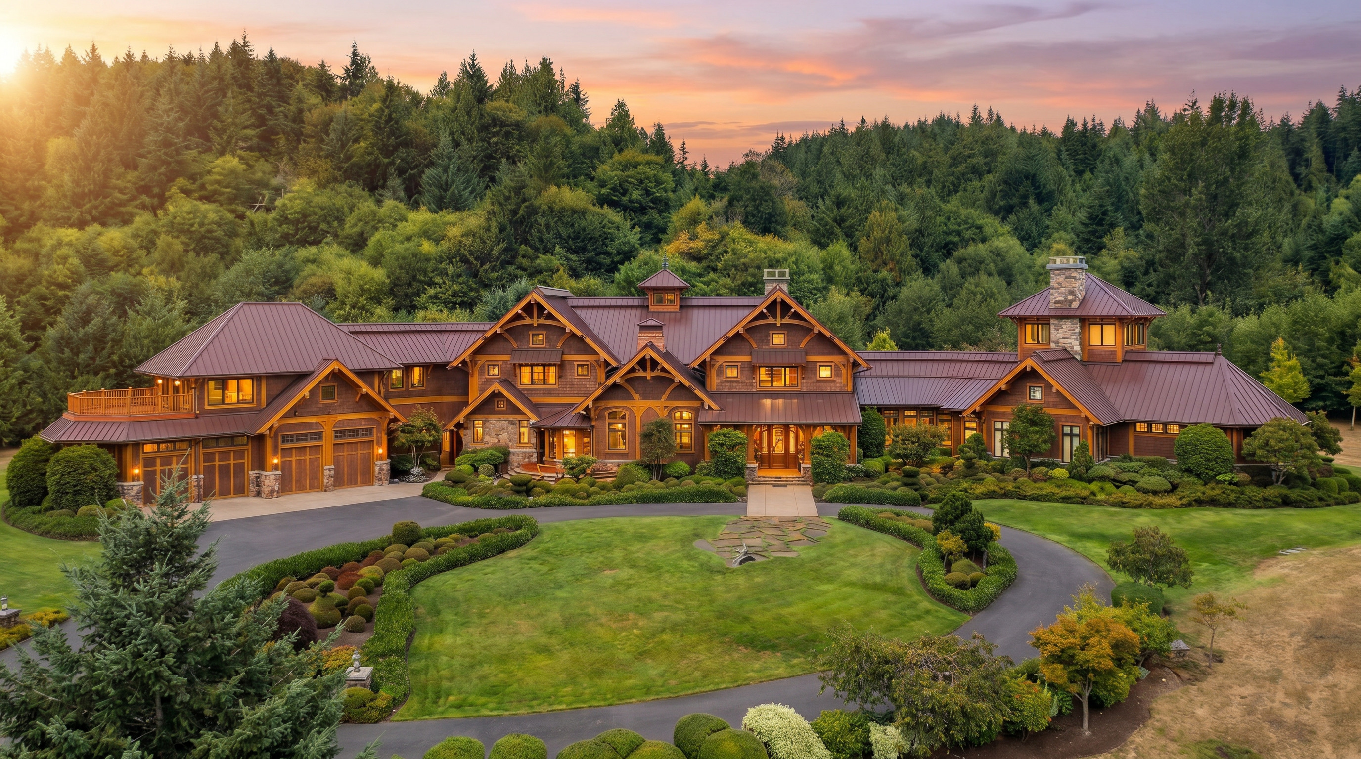 This expansive aerial view captures a grand, custom-built estate nestled against a dense, lush forest backdrop. The home features a complex roofline with dark metal roofing, intricate timber-frame architectural details, and a multi-car garage, all set behind a manicured circular driveway and landscaped gardens. The overall impression is one of luxury, privacy, and sophisticated craftsmanship in a serene, natural setting.