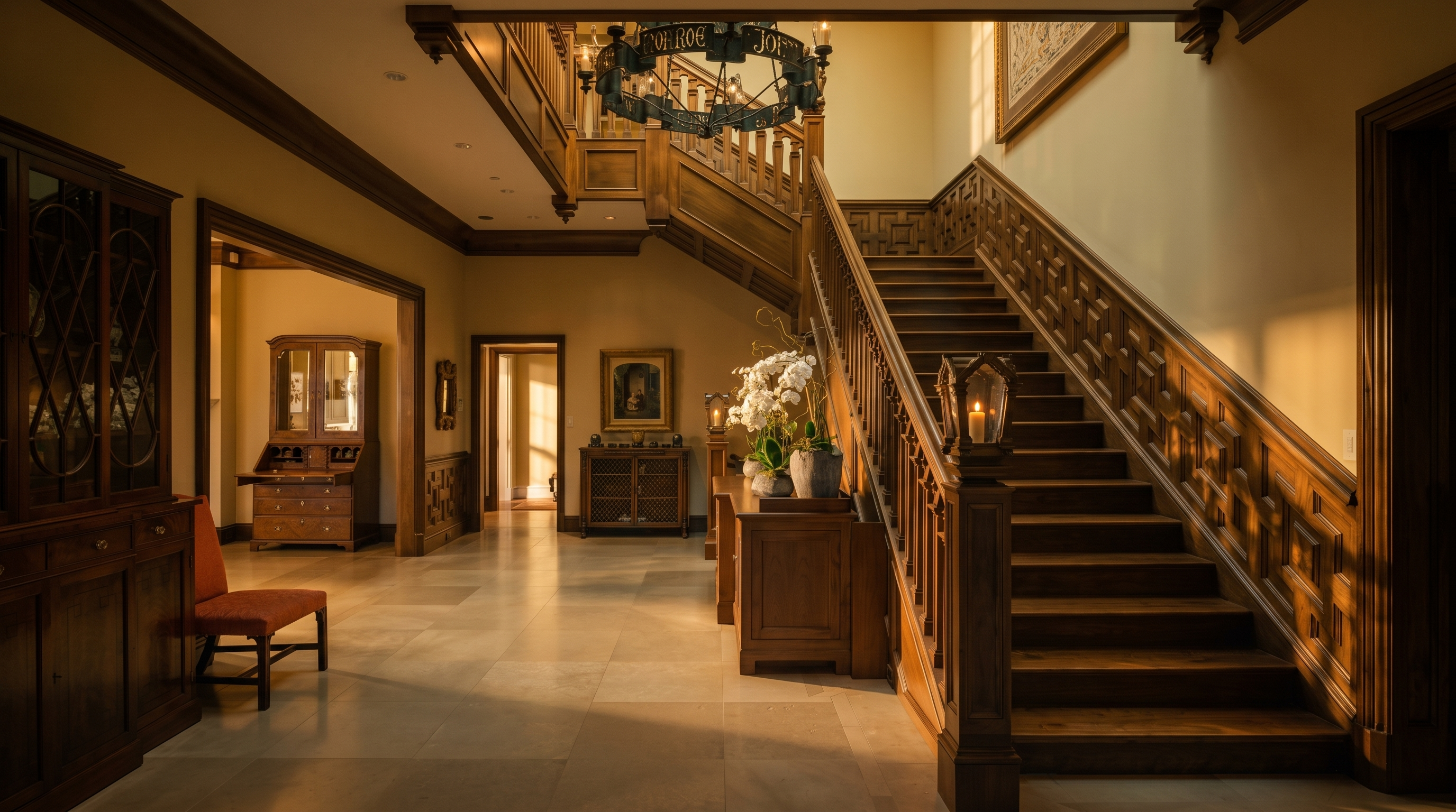 This grand foyer features a prominent wooden staircase with intricate lattice-style railings and a matching newel post topped with a lantern-style light fixture. The space is finished with light-toned stone flooring, warm wood trim, and a large, ornate chandelier hanging from the upper level. A console table with floral arrangements and a classic secretary desk add a sense of traditional elegance to this expansive entry hall.