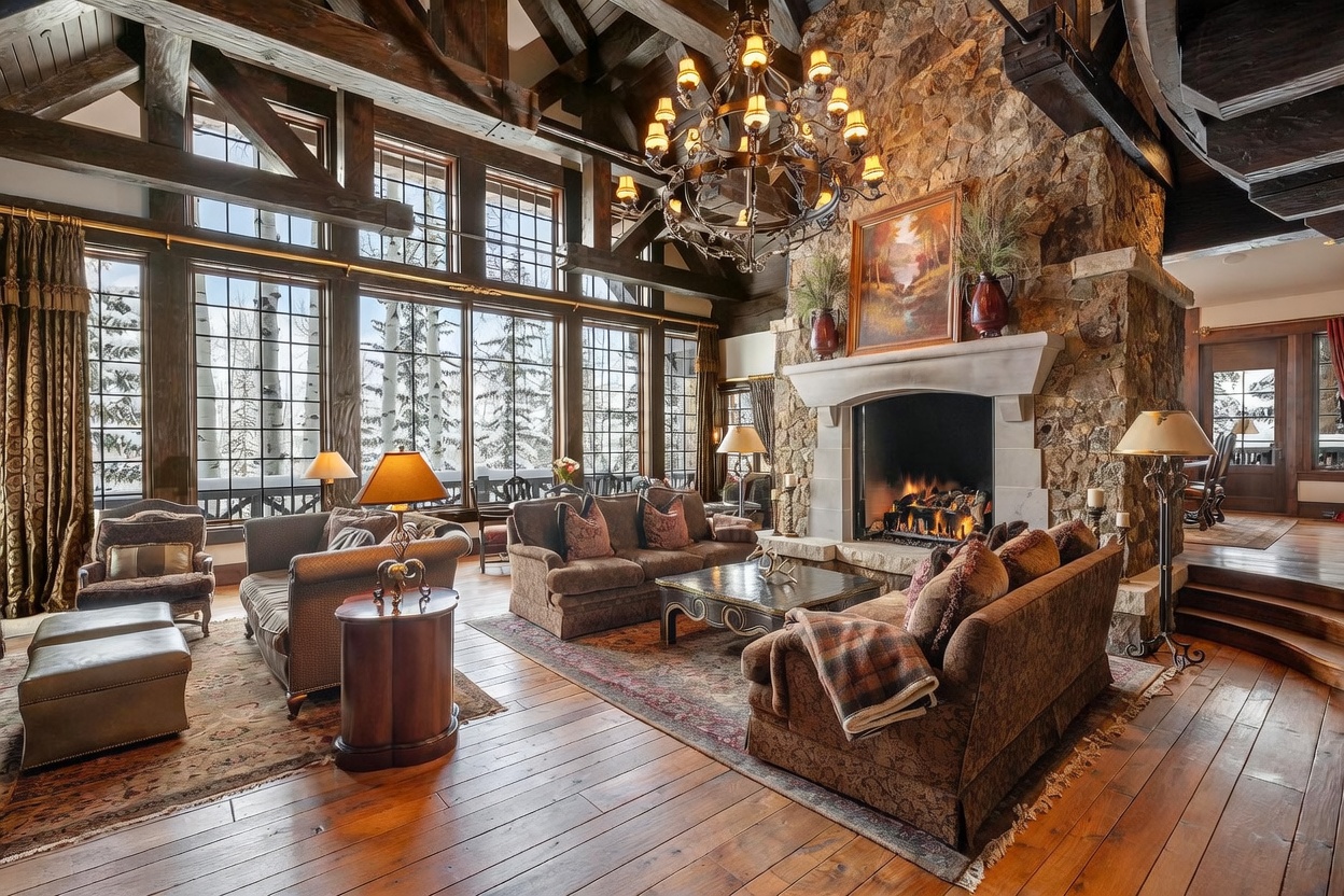 This grand living room features a rustic mountain aesthetic with exposed timber beams, wide-plank wood flooring, and a prominent stone-clad chimney breast housing a fireplace. Large windows line the wall, offering expansive views of a snowy, wooded landscape, while a large iron chandelier hangs from the vaulted ceiling. The space is furnished with plush, earth-toned seating arranged around a central coffee table, creating a warm and inviting atmosphere.