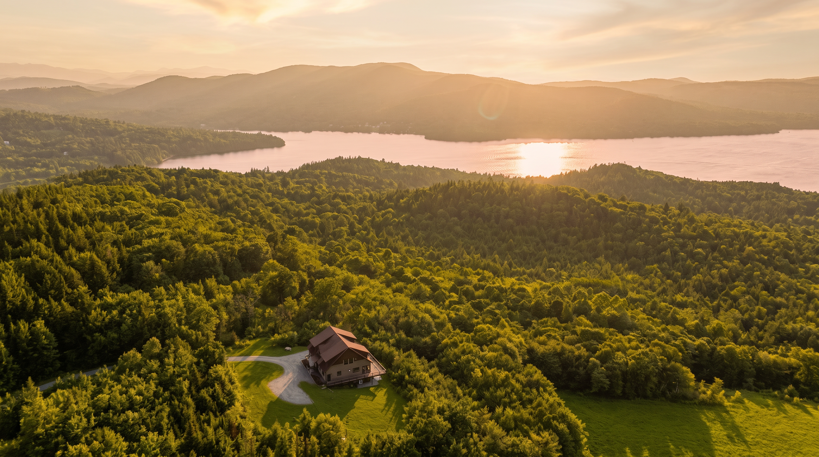 This aerial view showcases a multi-level house nestled within a dense forest, offering a tranquil and secluded setting. The property features a large grassy clearing, a private winding driveway, and a spacious deck overlooking a expansive lake framed by majestic mountains. The home's architectural style is designed to integrate harmoniously with its natural, scenic surroundings.