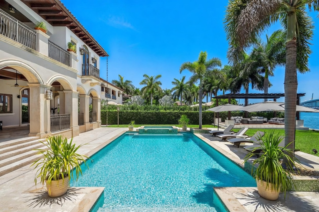 This luxurious backyard features a pristine, rectangular swimming pool with an integrated spa, set against the backdrop of a Mediterranean-style estate. The patio area is furnished with lounge chairs and a covered outdoor seating space under a pergola, all overlooking a serene waterfront. Lush palm trees and manicured landscaping enhance the tropical, high-end resort atmosphere of the property.