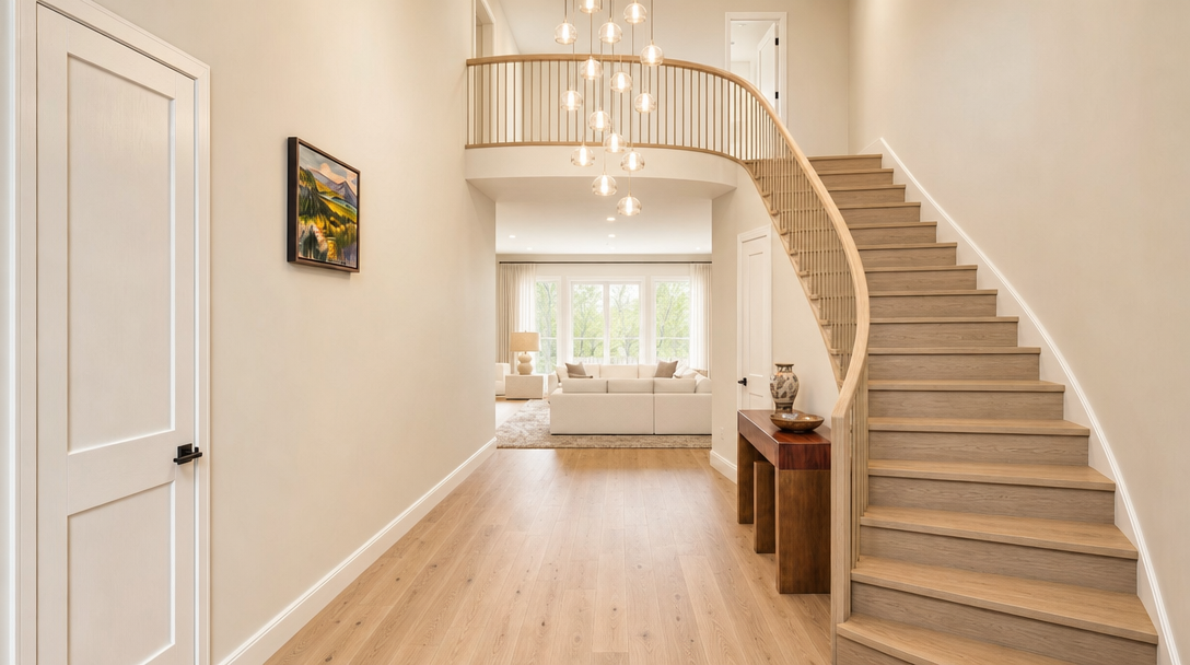 This grand entryway features an elegant curved staircase with light oak treads that seamlessly integrates into a spacious hallway. A modern multi-light chandelier hangs from above, casting a warm glow over the open-concept floor plan that transitions into a bright living room. The minimalist aesthetic, characterized by clean lines and neutral tones, creates an inviting and sophisticated first impression.