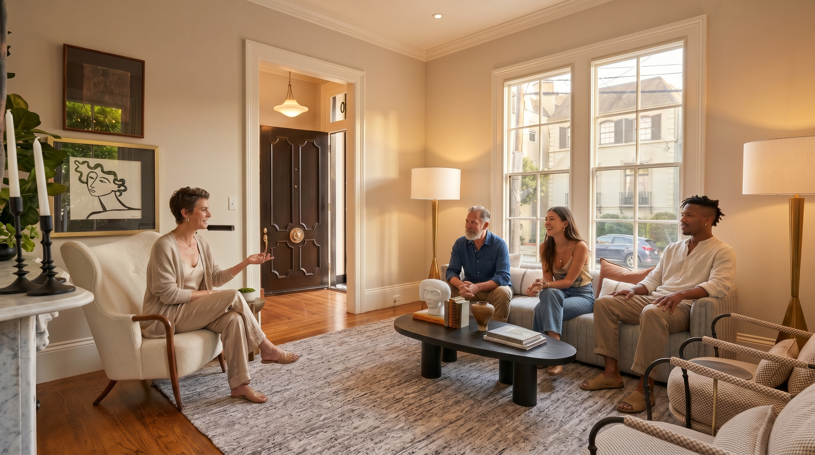 This elegant living room features warm hardwood floors, a neutral color palette, and a textured area rug that anchors the seating area. The space is furnished with a plush sofa, two patterned armchairs, and a modern wingback chair, all arranged around a dark, organic-shaped coffee table. Large windows allow ample natural light to fill the room, while a doorway in the background provides a glimpse into the entryway.