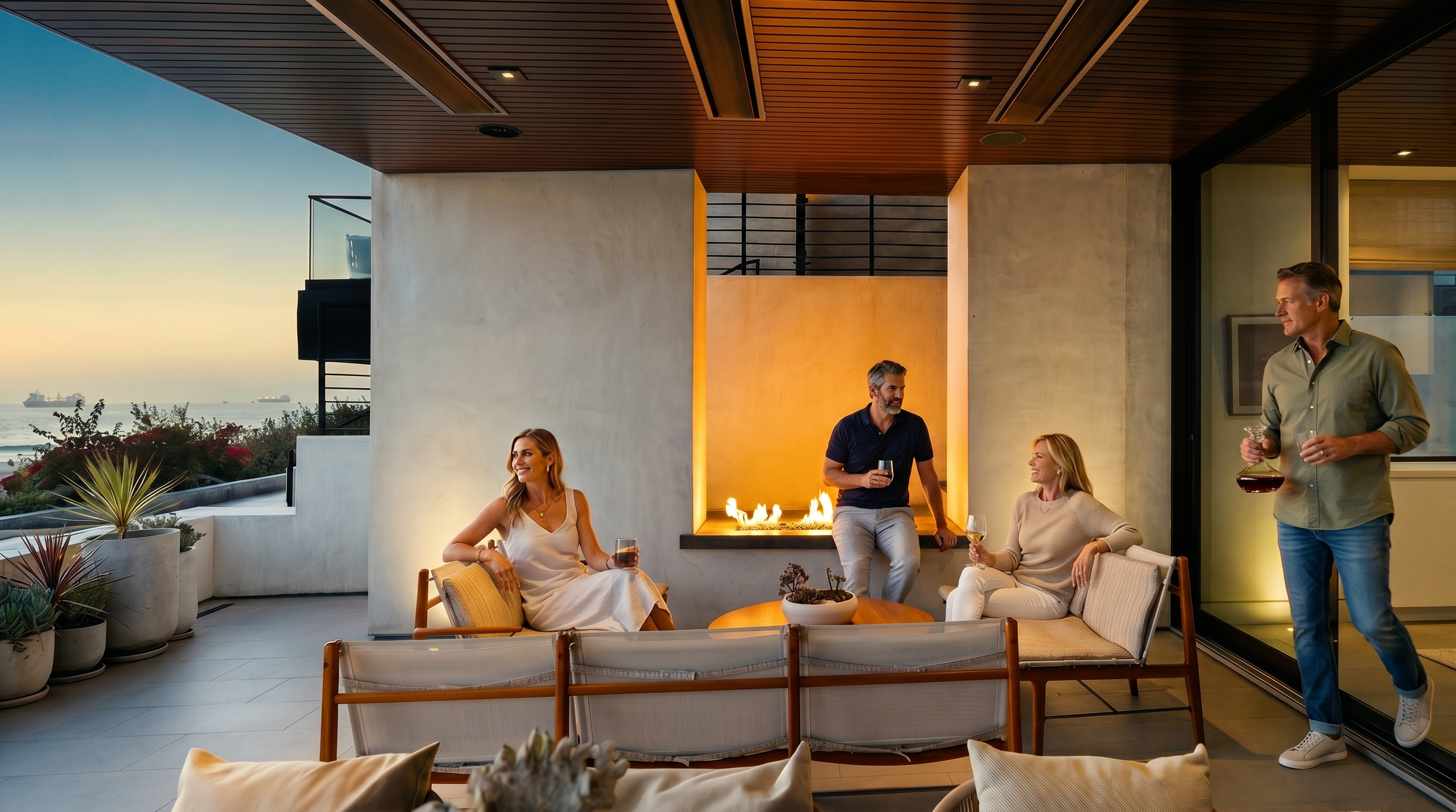 This sophisticated outdoor living space features a covered patio with a built-in fireplace, creating a cozy atmosphere for evening relaxation. The area is furnished with comfortable seating, including a sofa and armchairs, arranged around a central coffee table. Large glass sliding doors connect the indoor space to the patio, which offers a scenic view of the ocean at sunset.