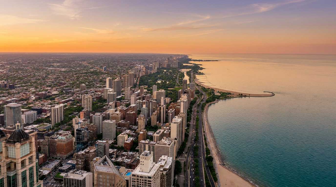 This high-altitude aerial view captures a stunning urban landscape along a vibrant coastline, showcasing a dense collection of high-rise buildings nestled between a bustling city grid and a vast, turquoise lake. The perspective emphasizes the dramatic contrast between the architectural density of the city and the expansive, natural beauty of the beach and water. It provides a clear sense of the property's prime location, highlighting the proximity to both urban amenities and the waterfront.