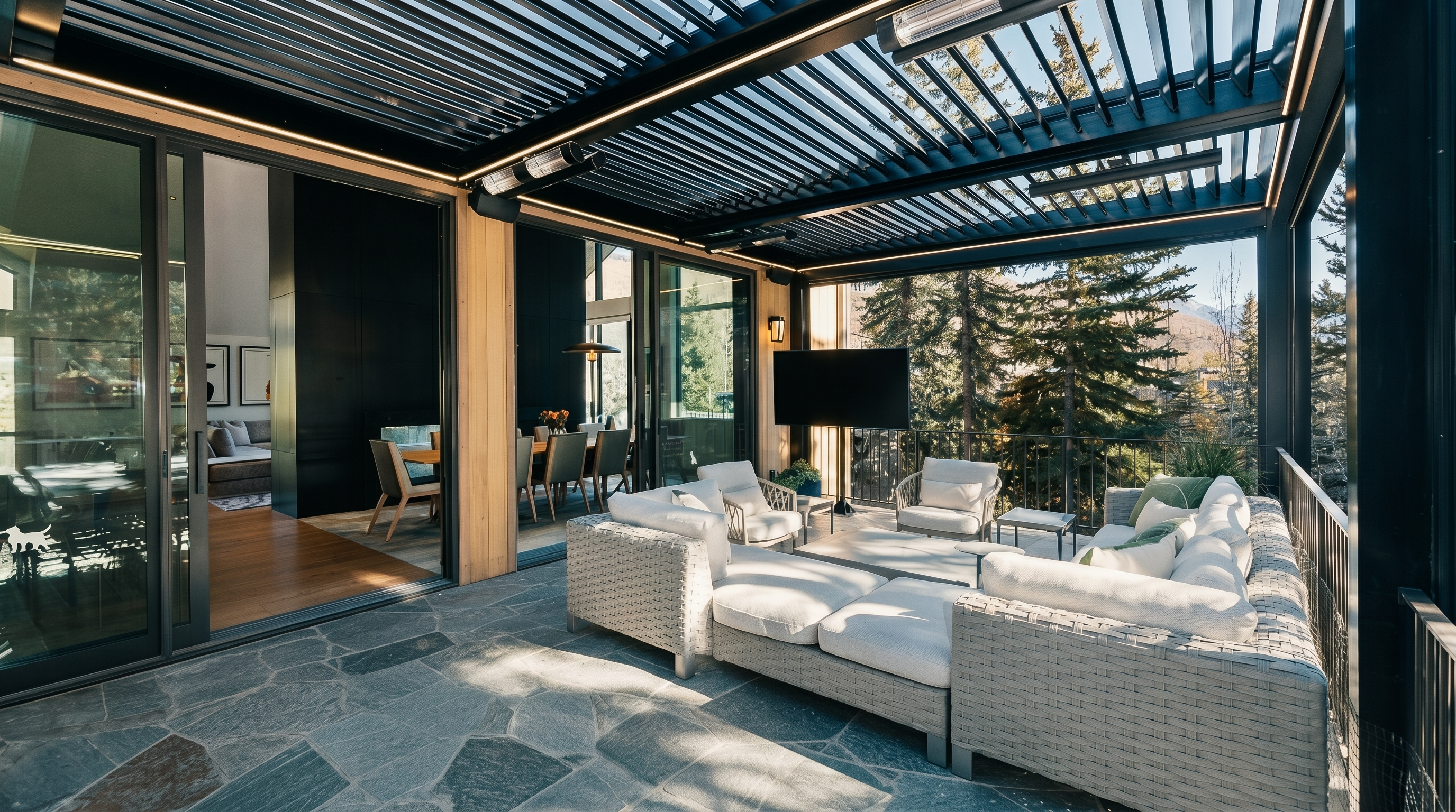 This expansive covered balcony features a modern louvered roof system with integrated heaters and lighting, creating a versatile outdoor living space. The area is furnished with a large wooden dining table and a comfortable sectional sofa, all overlooking a scenic, tree-lined mountain view. Large glass sliding doors provide a seamless transition from the interior living area to this sophisticated outdoor retreat.